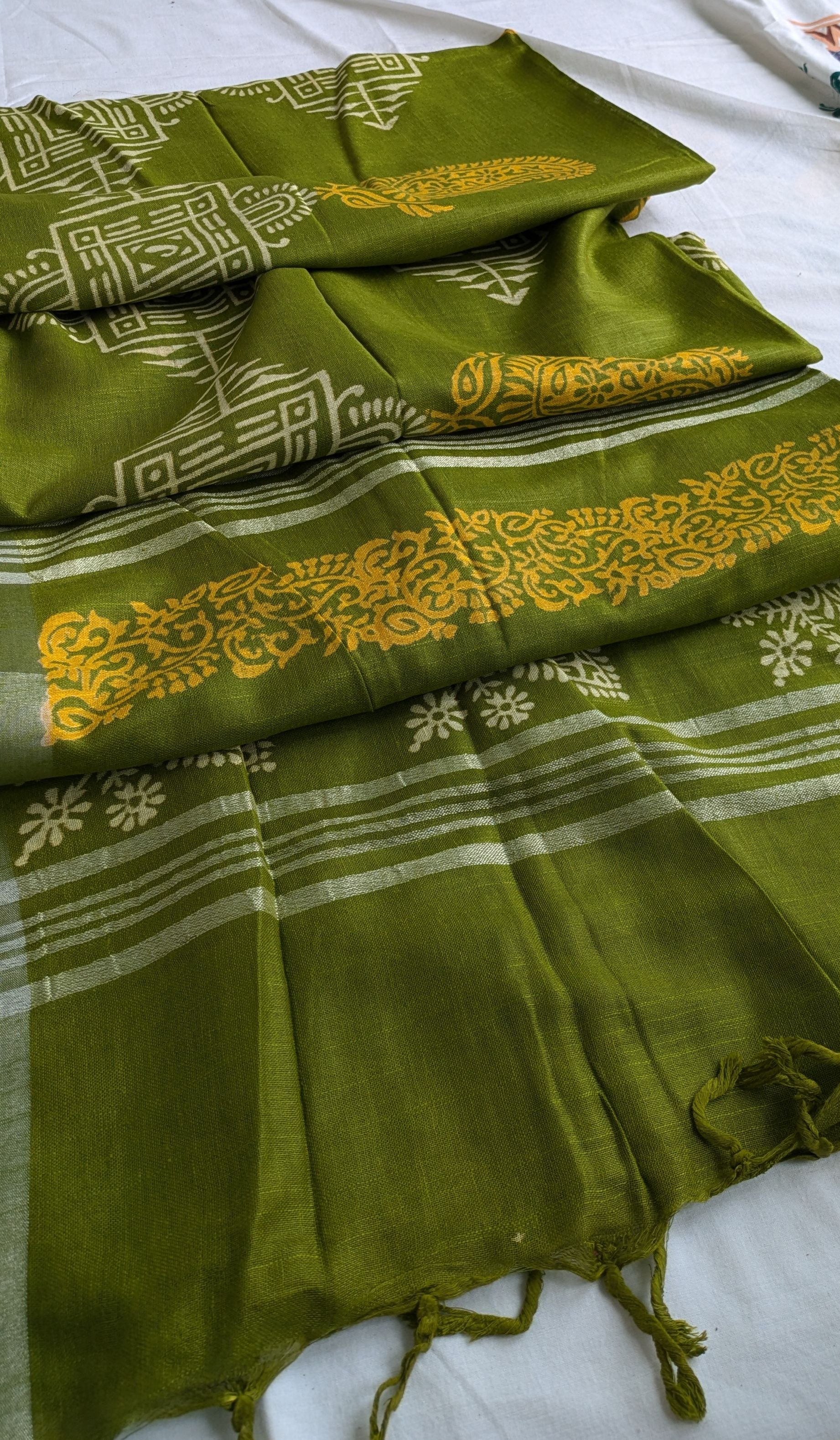 Linen Block Print Sari with Blouse Piece