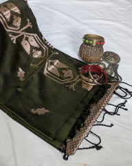 South Jamdani Dark Olive Sari with Blouse Piece