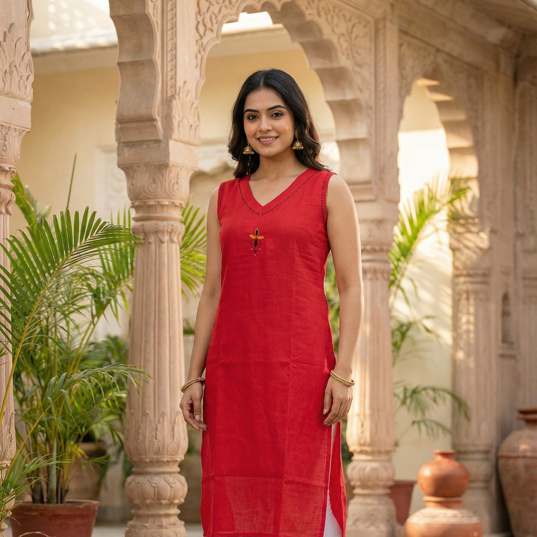 Woman in a red kurta standing in an outdoor setting with architectural elements and plants.