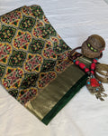 Green Ajrak Print Sari with Blouse Piece