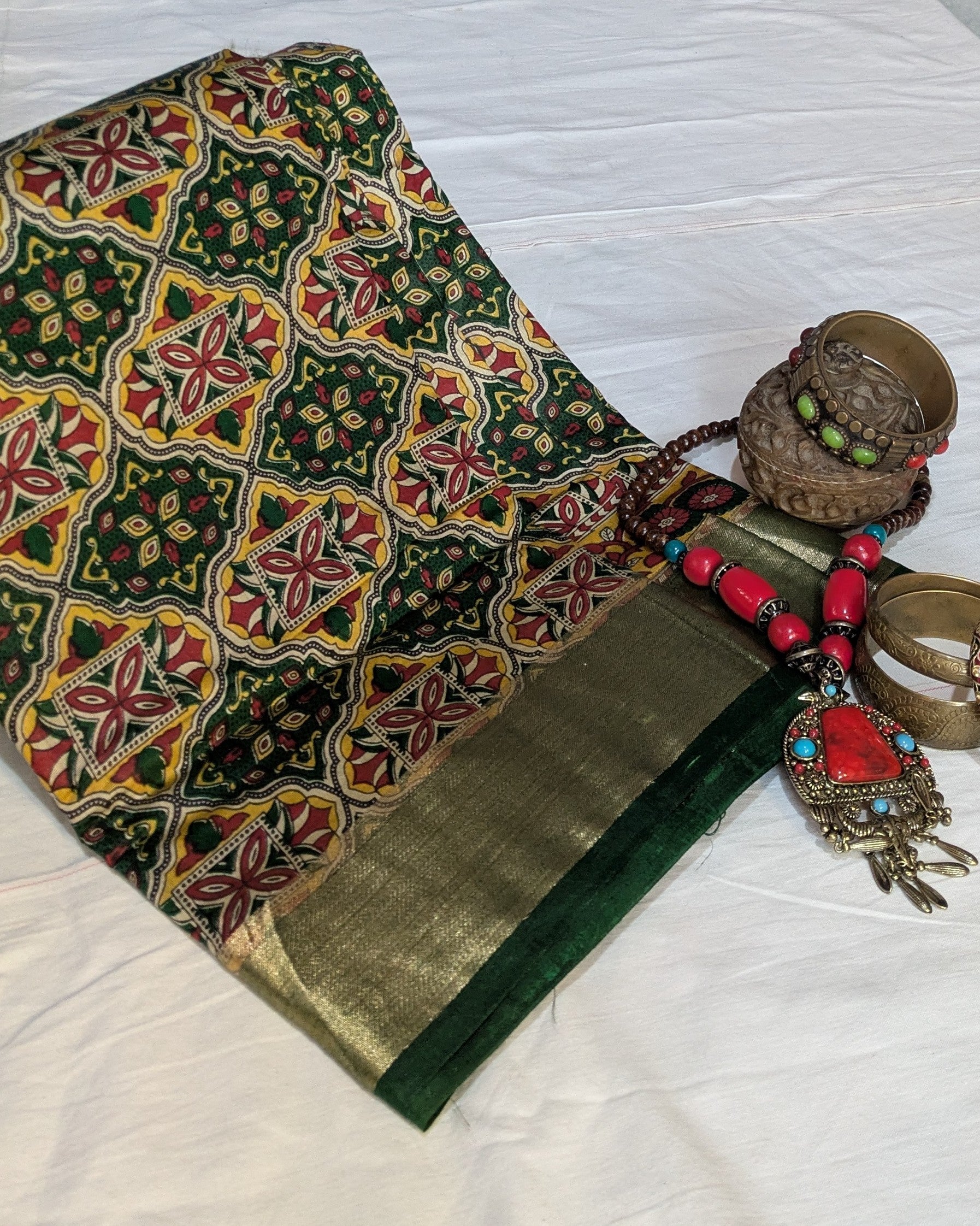 Green Ajrak Print Sari with Blouse Piece