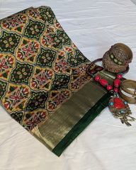 Green Ajrak Print Sari with Blouse Piece