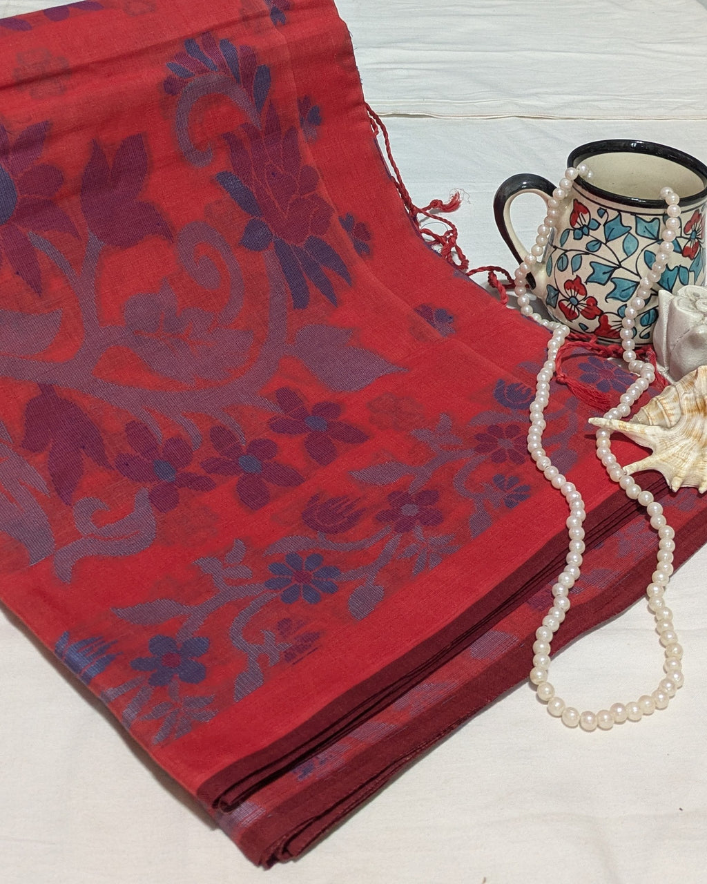 Red Pure Cotton Sari with Woven Design