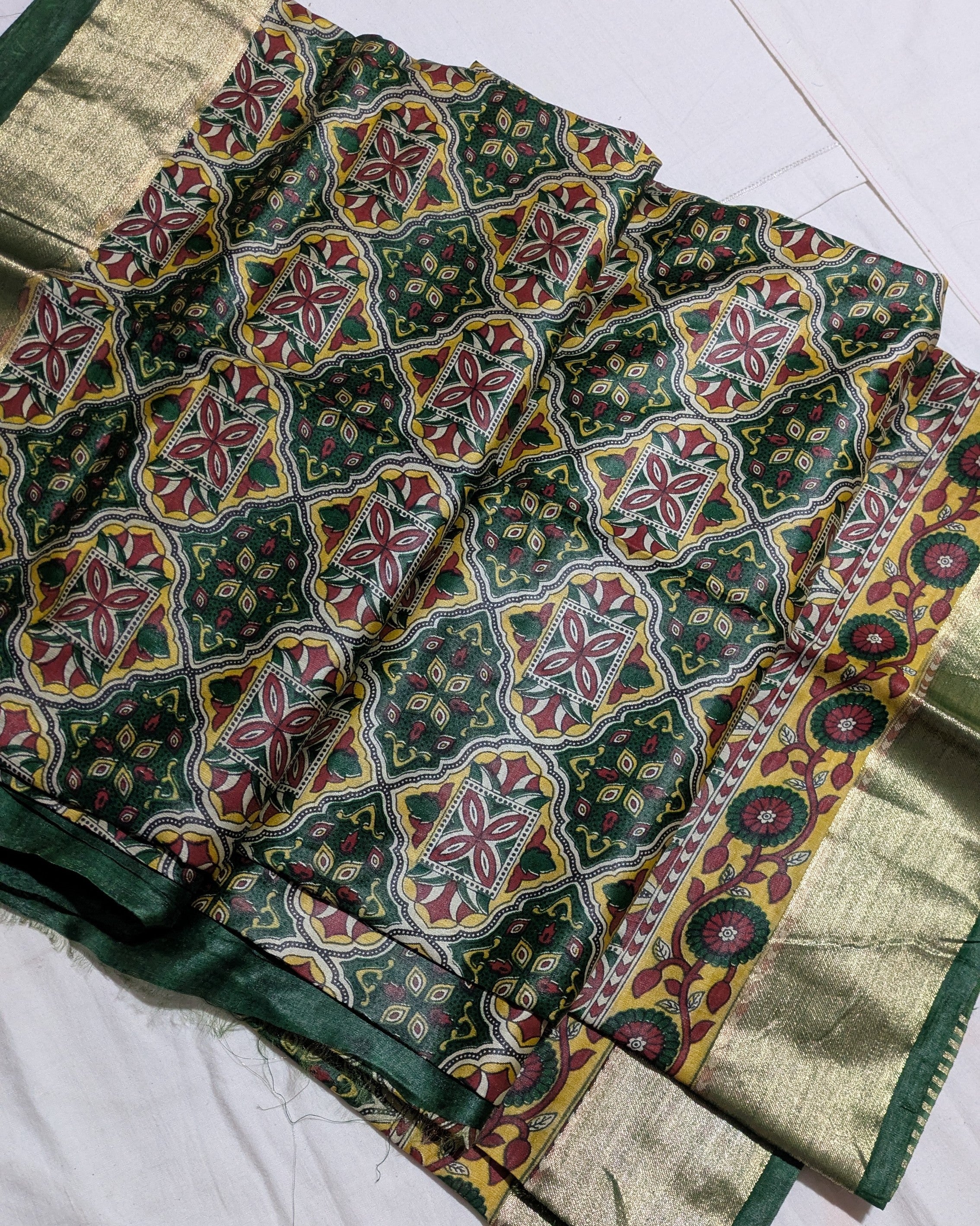 Green Ajrak Print Sari with Blouse Piece