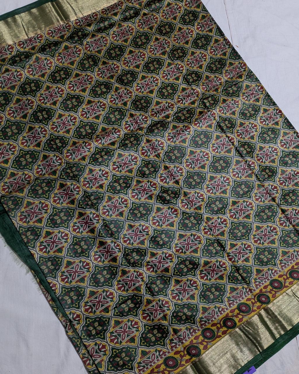 Green Ajrak Print Sari with Blouse Piece