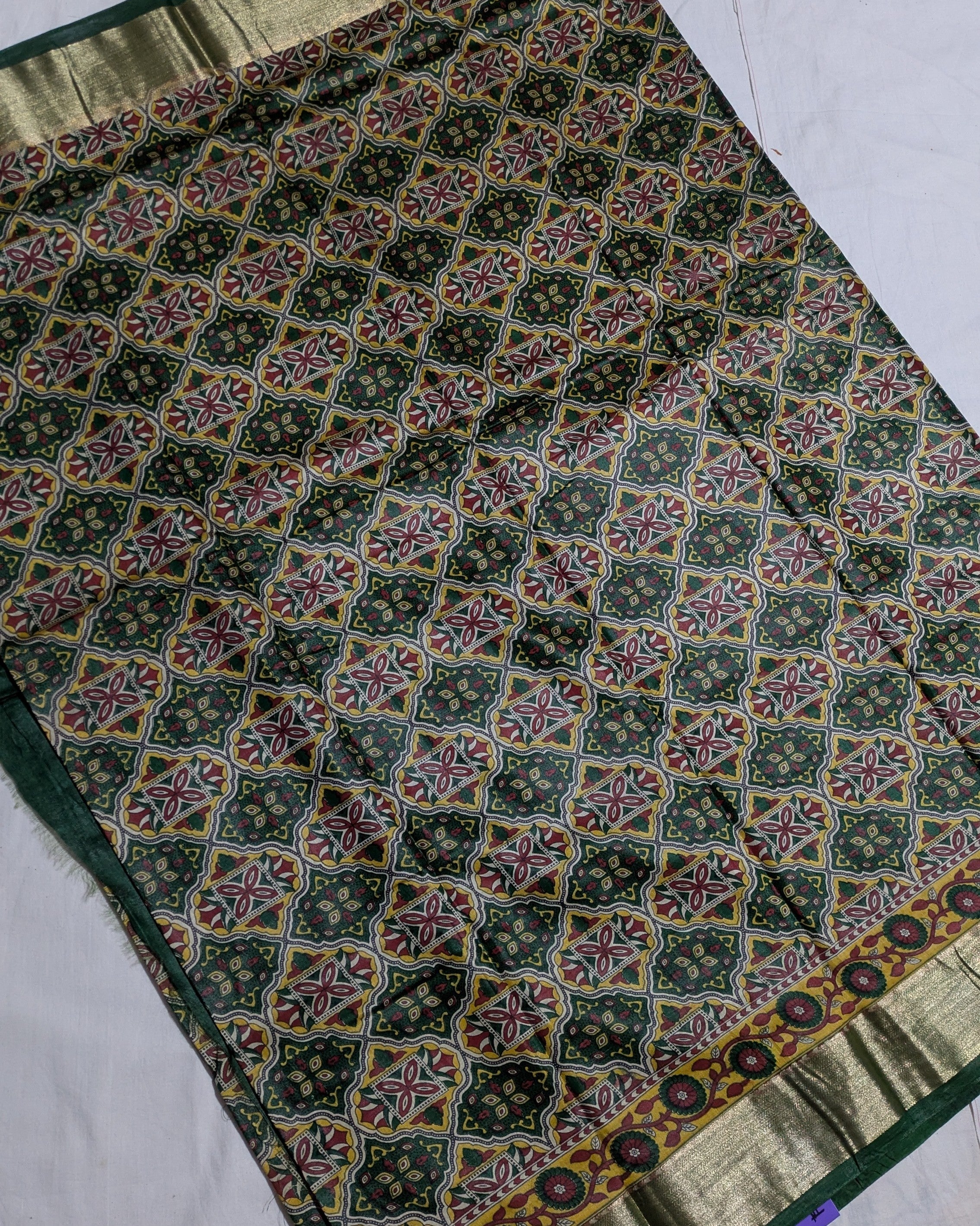 Green Ajrak Print Sari with Blouse Piece