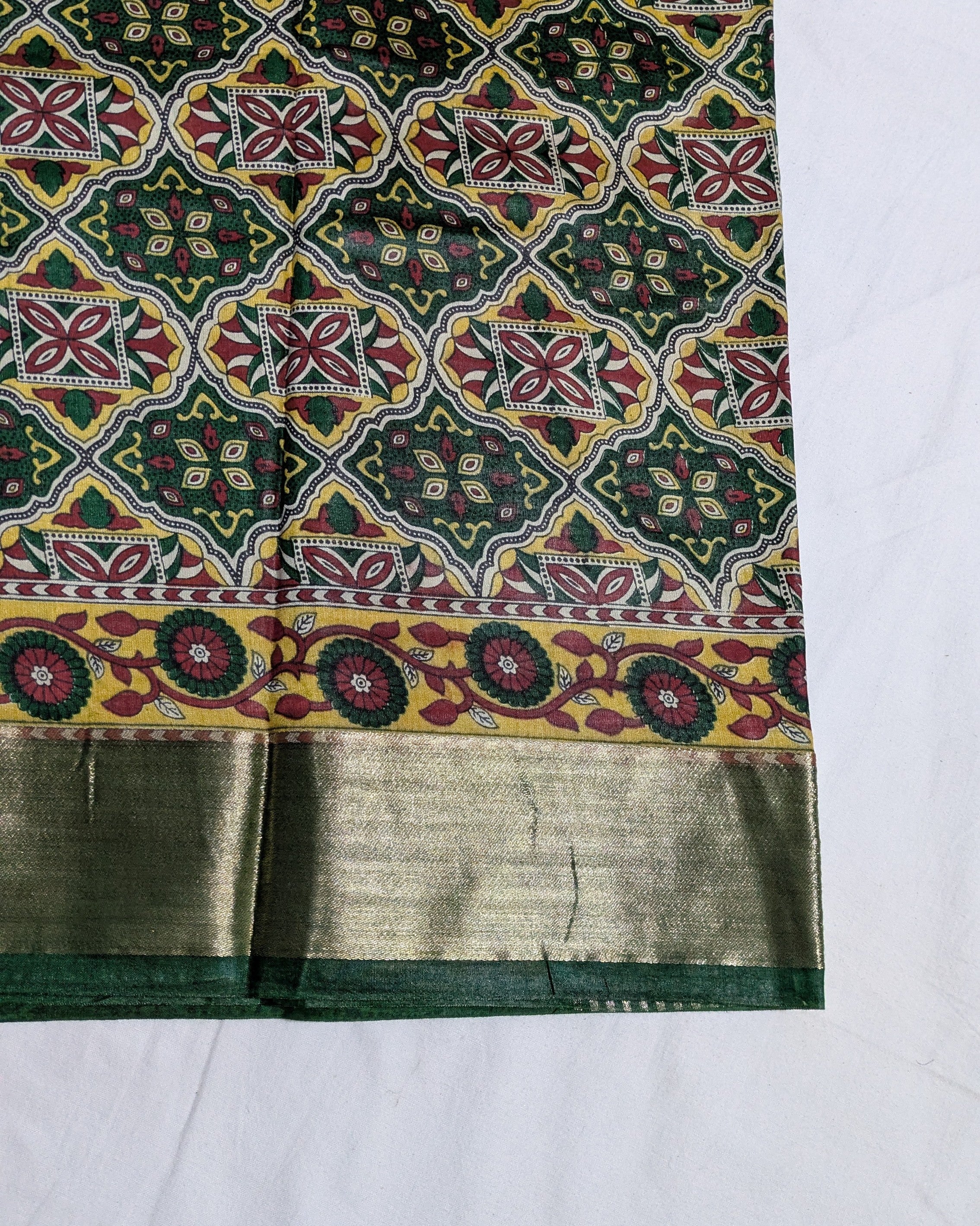 Green Ajrak Print Sari with Blouse Piece