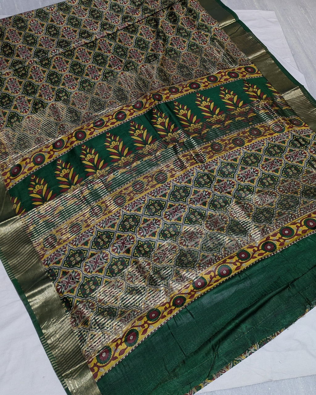 Green Ajrak Print Sari with Blouse Piece