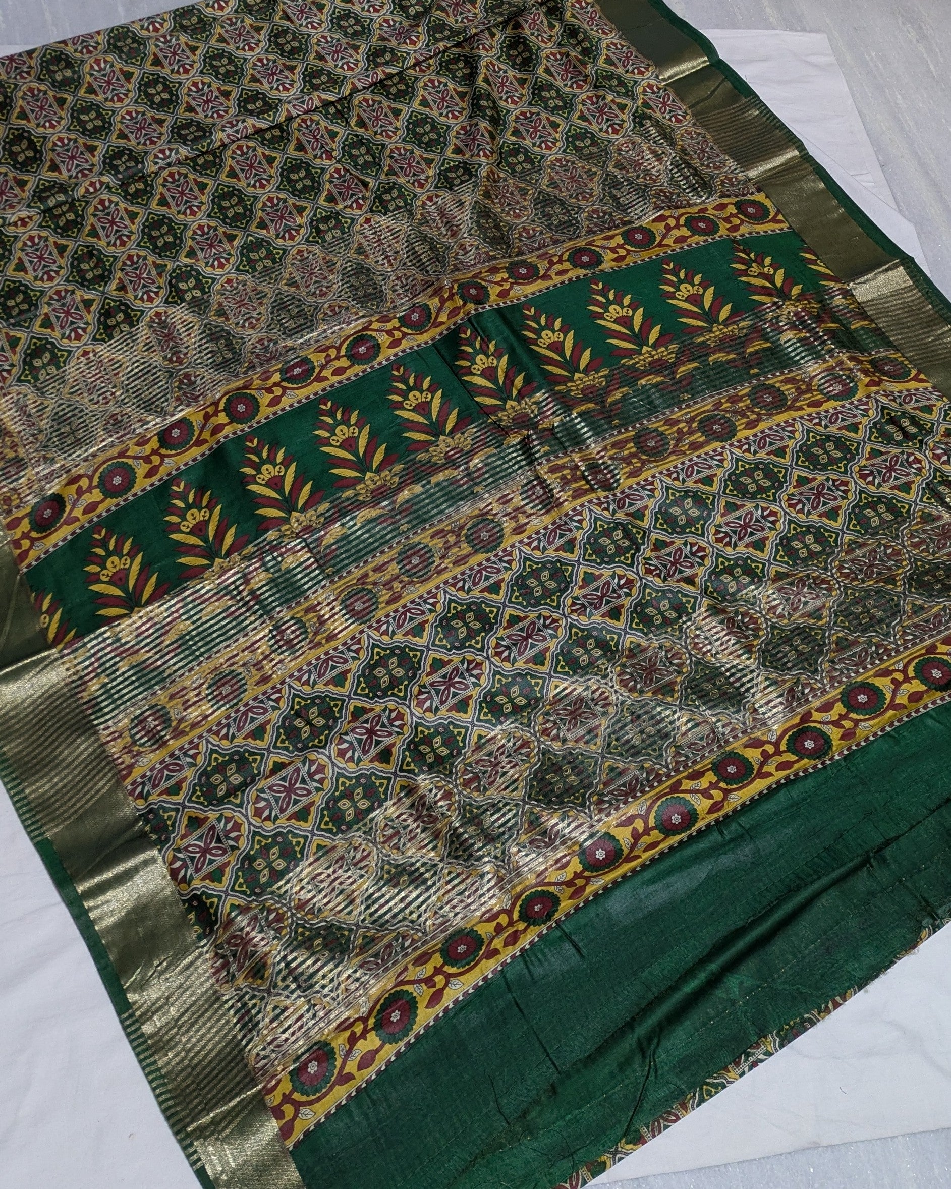 Green Ajrak Print Sari with Blouse Piece