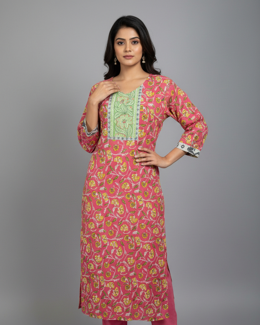 A woman modeling a pink printed kurta with a green embroidered yoke and pink pants, standing against a neutral gray studio background.