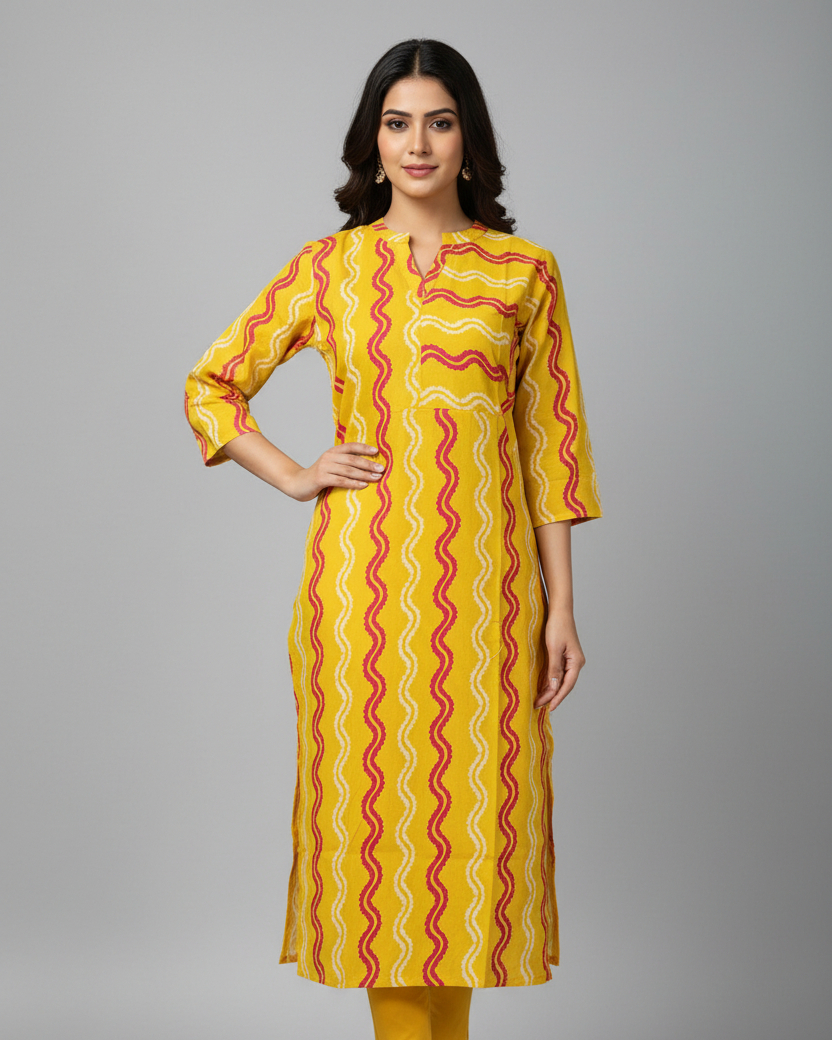 A woman modeling a yellow three-quarter sleeve kurta with vertical wavy stripes in red, pink, and white, paired with matching yellow pants, against a solid gray studio background.