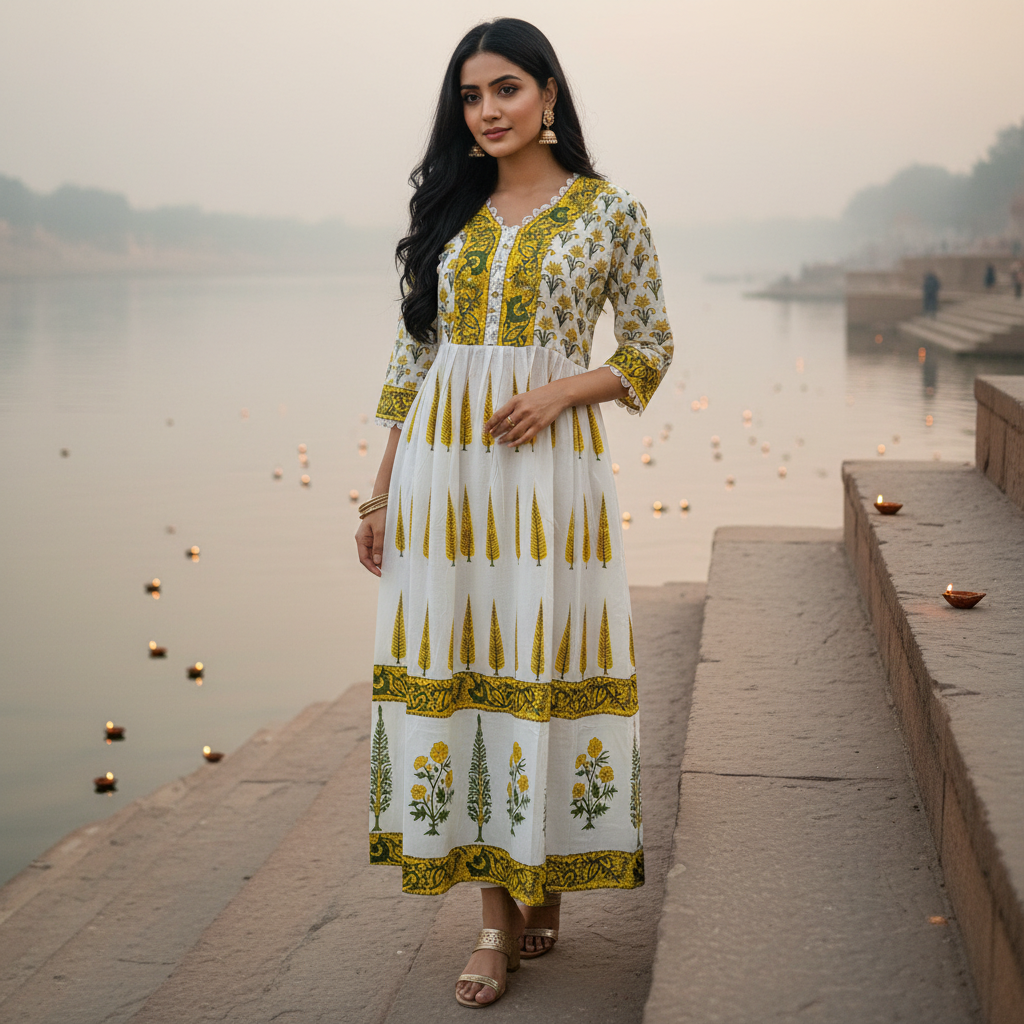 Woman in a white and yellow patterned dress standing by a river with lights floating on the water.