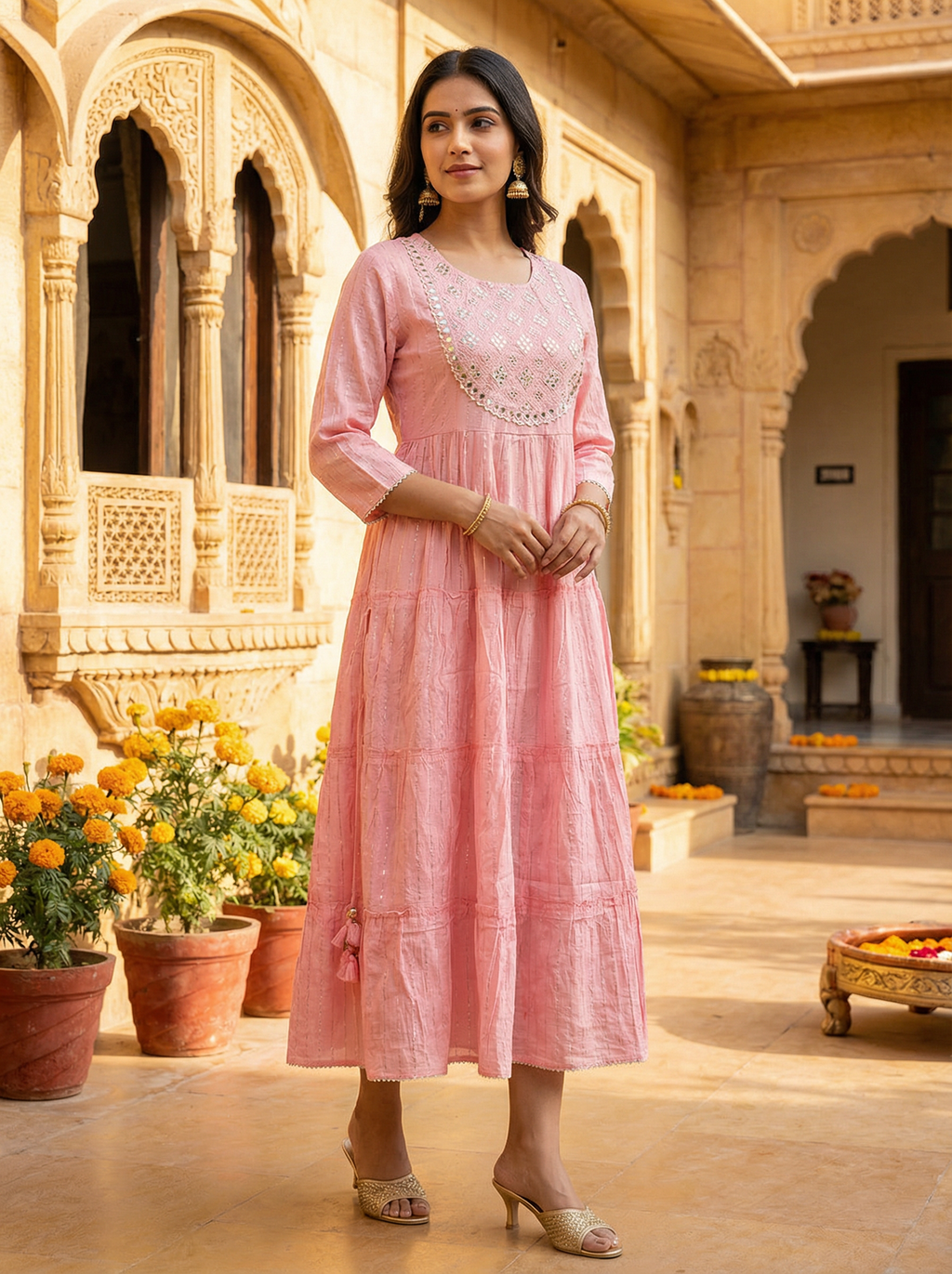 Woman in a pink dress standing in an ornate courtyard with flowers and decorative elements.