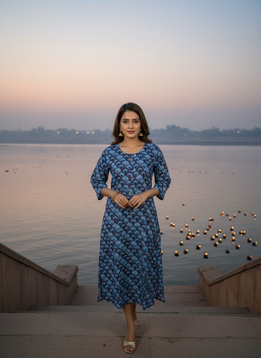 Woman in a blue dress standing by a waterfront at dusk with lights floating on the water.