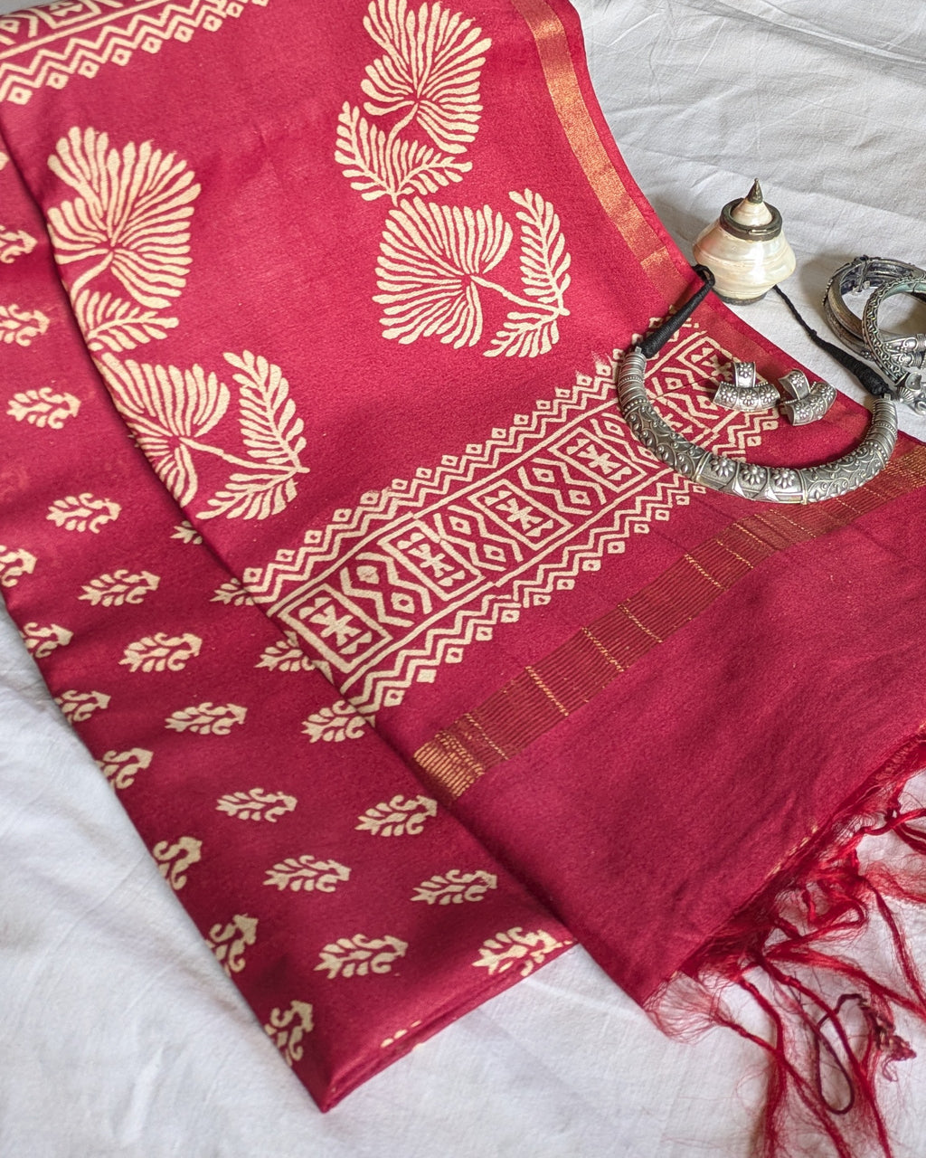 Cherry Colour Chanderi Block Print Sari with Blouse Piece