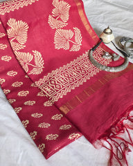 Cherry Colour Chanderi Block Print Sari with Blouse Piece