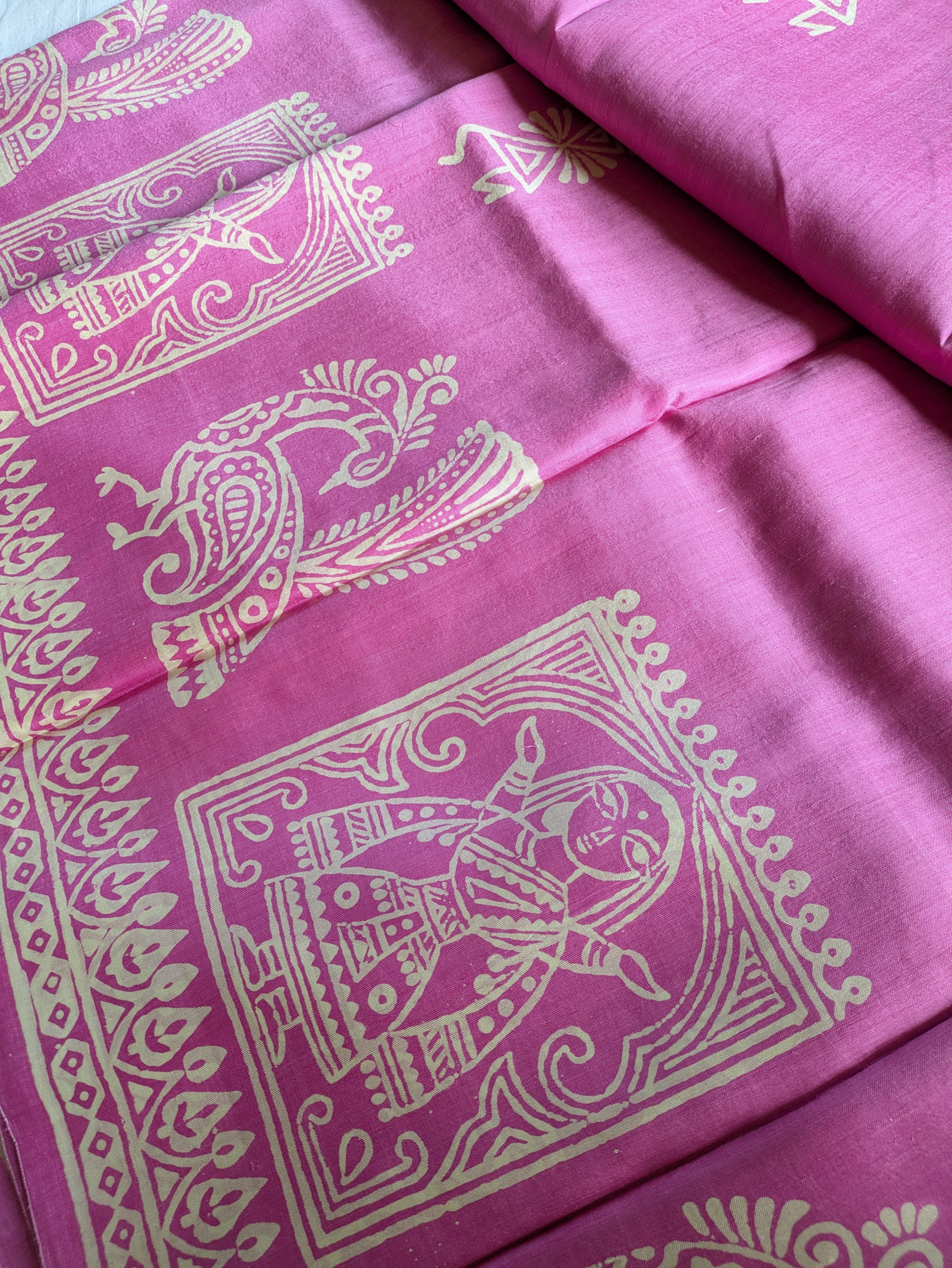 Bishnupuri Block Print Katan Silk Sari with Blousepiece