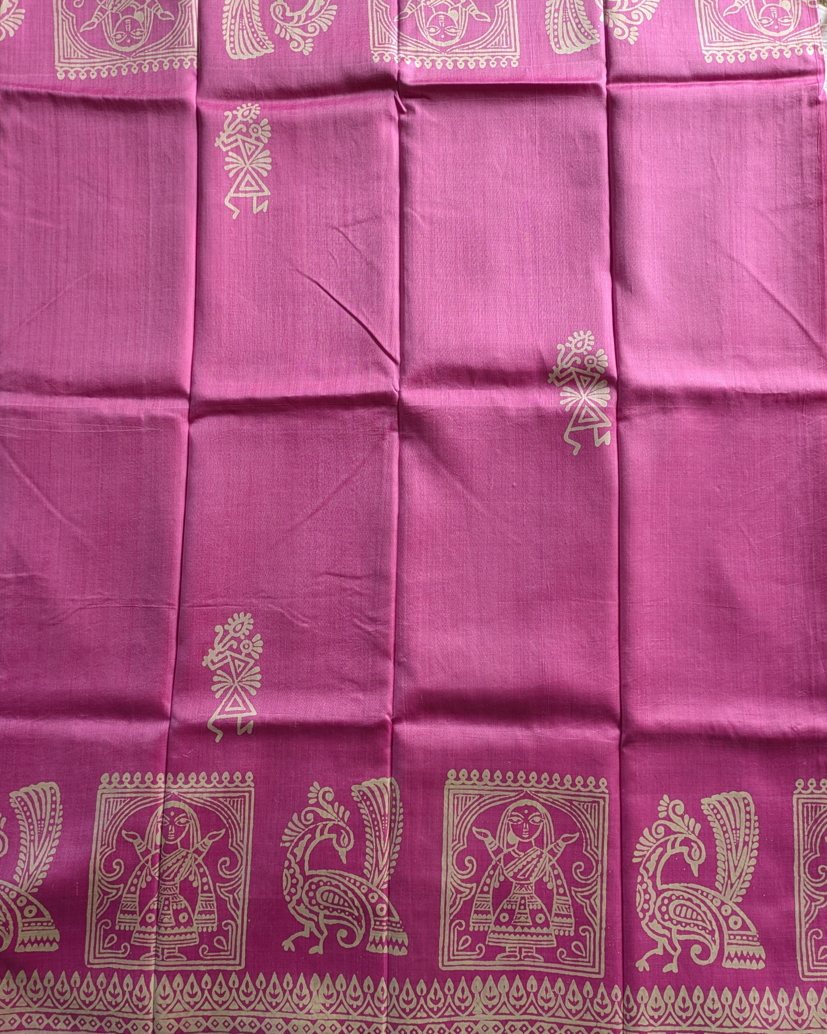 Bishnupuri Block Print Katan Silk Sari with Blousepiece