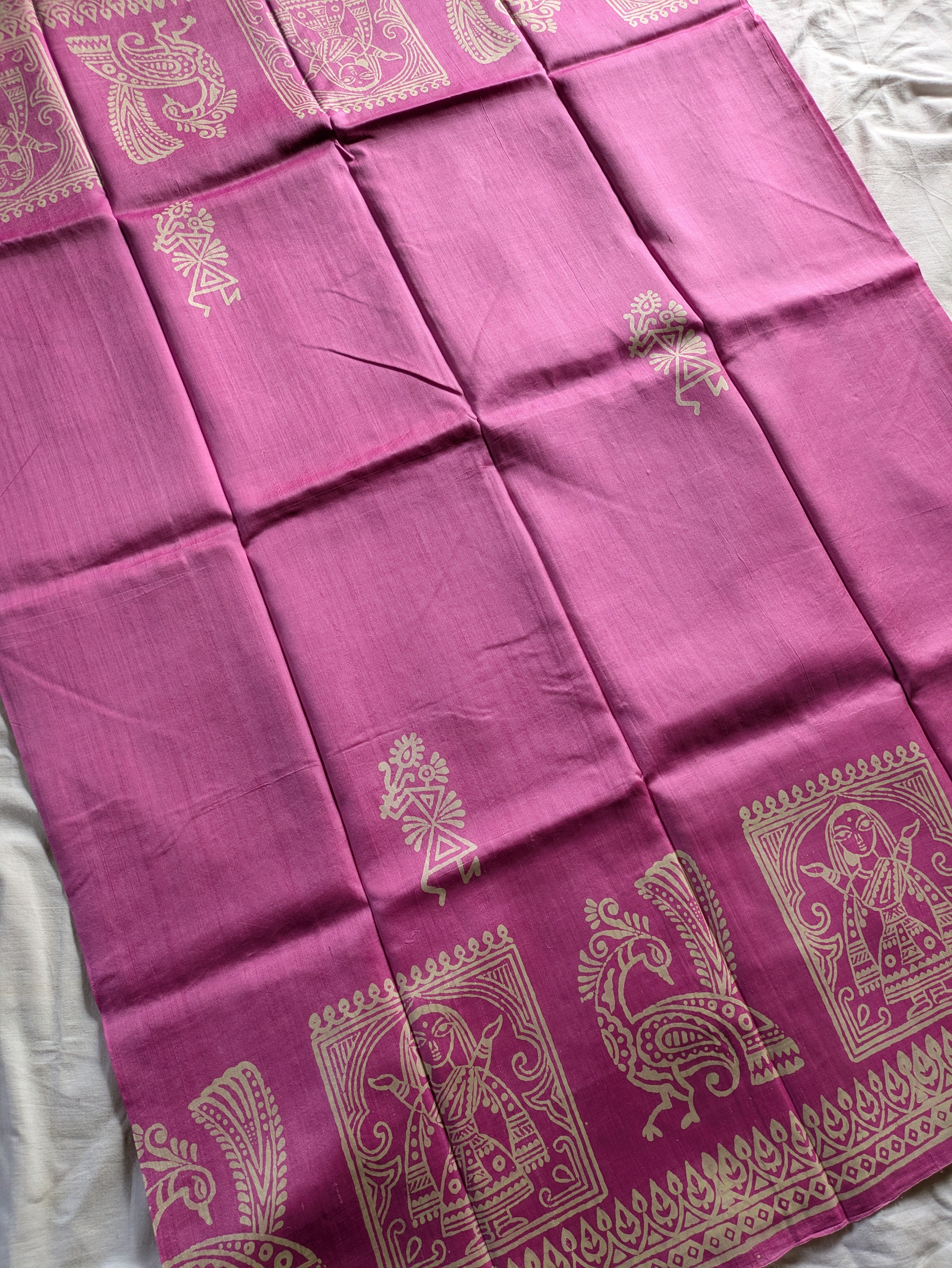 Bishnupuri Block Print Katan Silk Sari with Blousepiece