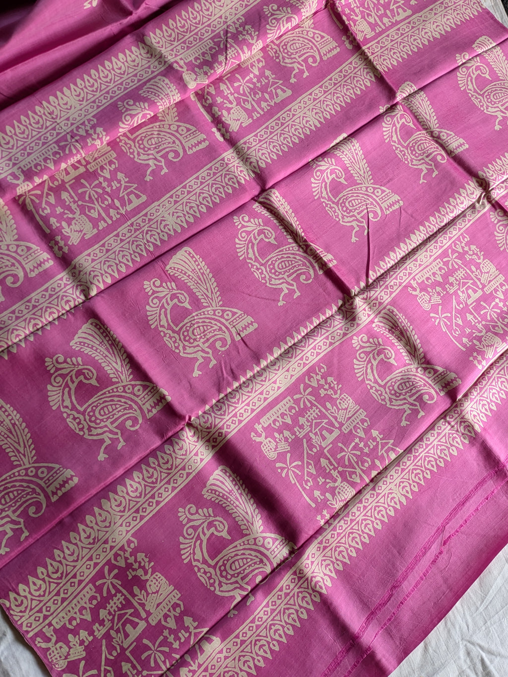 Bishnupuri Block Print Katan Silk Sari with Blousepiece