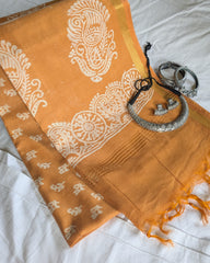 Yellow Chanderi Block Print Sari with Blouse Piece