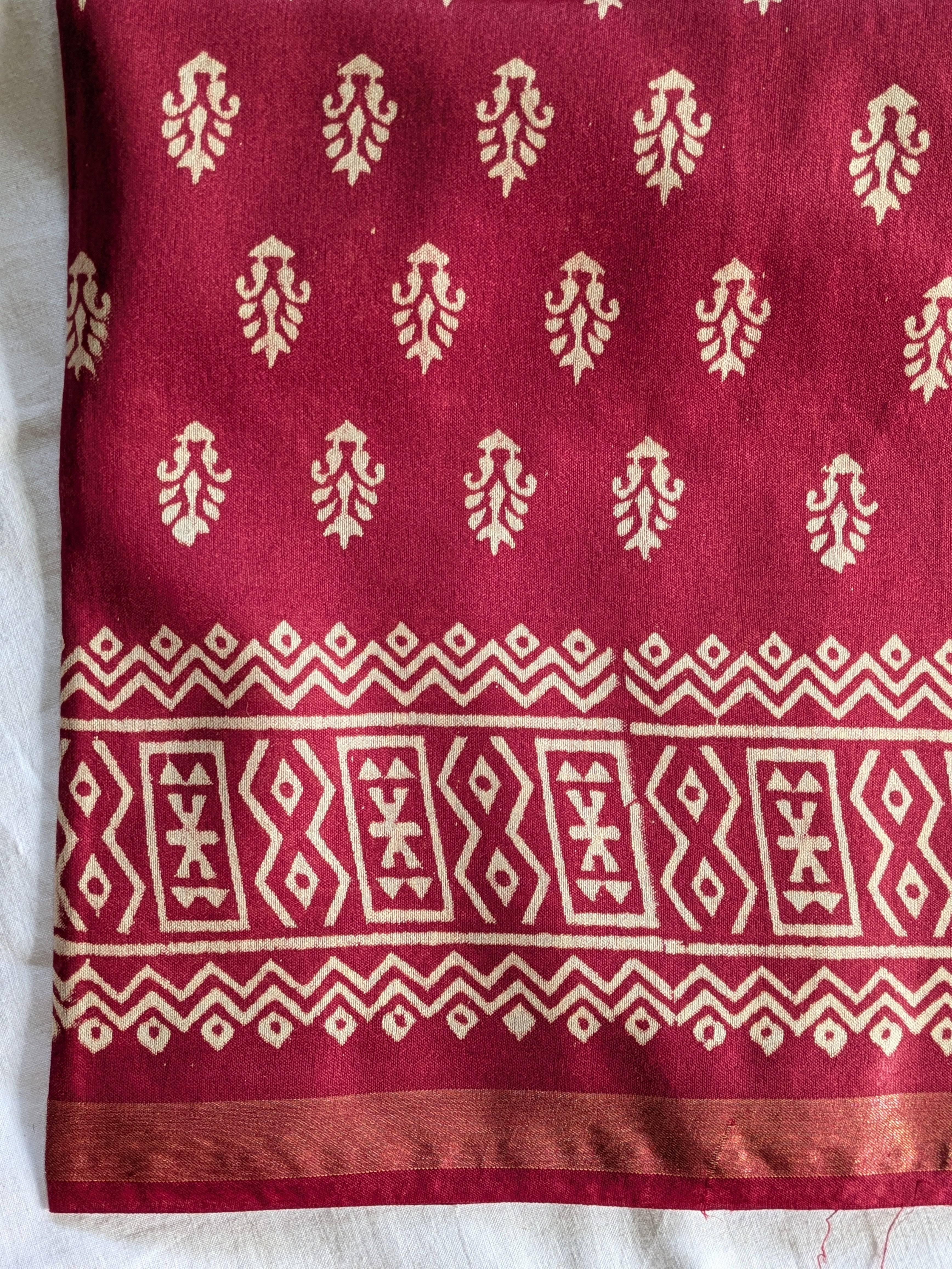 Cherry Colour Chanderi Block Print Sari with Blouse Piece