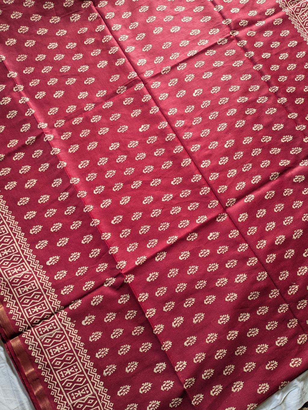 Cherry Colour Chanderi Block Print Sari with Blouse Piece