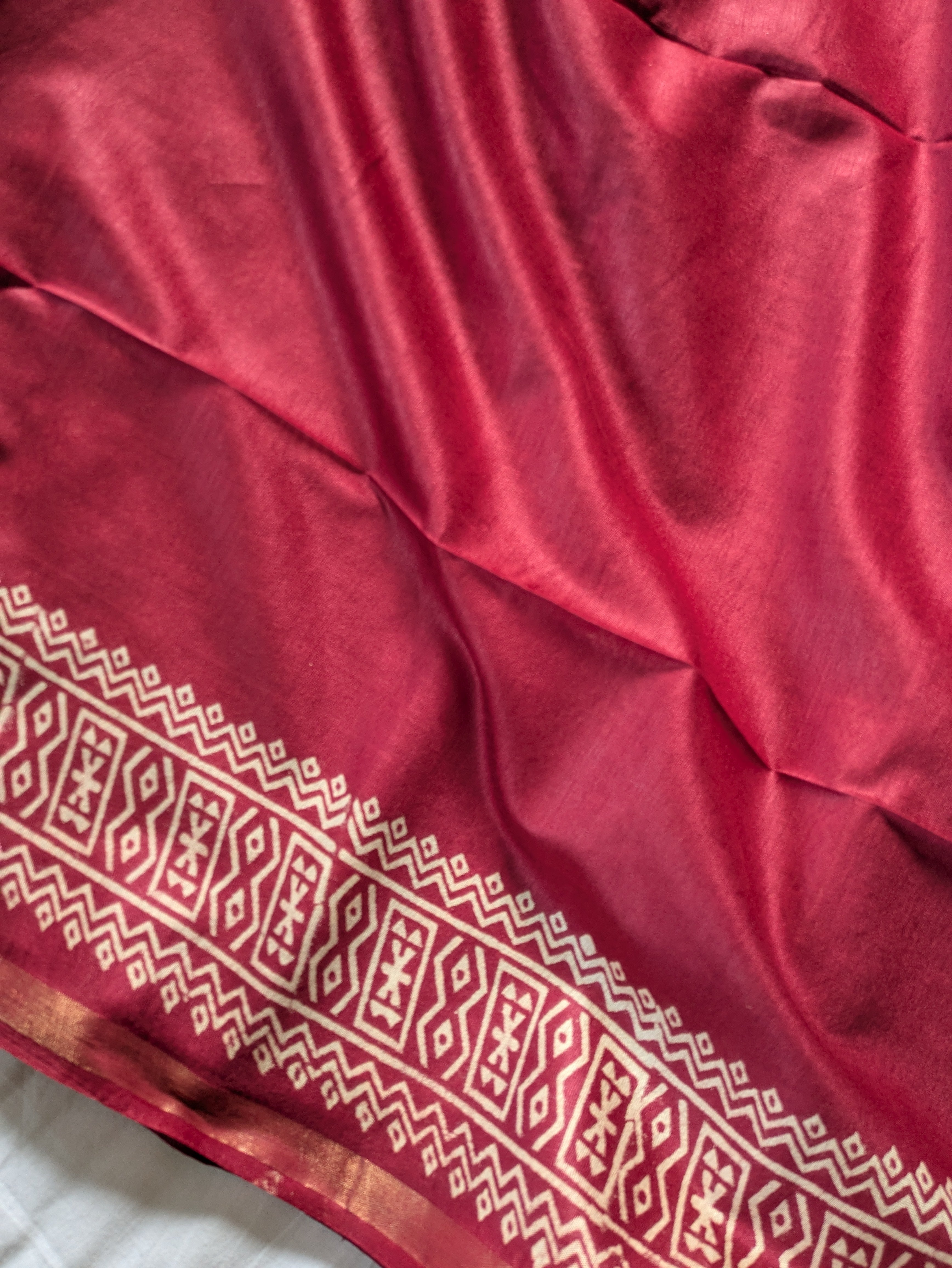 Cherry Colour Chanderi Block Print Sari with Blouse Piece