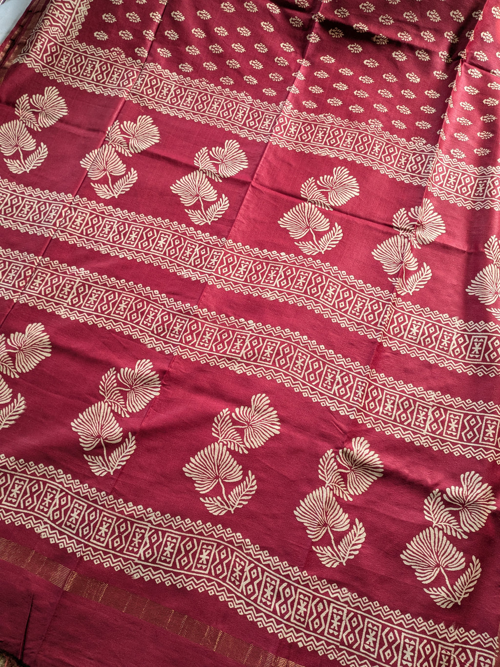 Cherry Colour Chanderi Block Print Sari with Blouse Piece