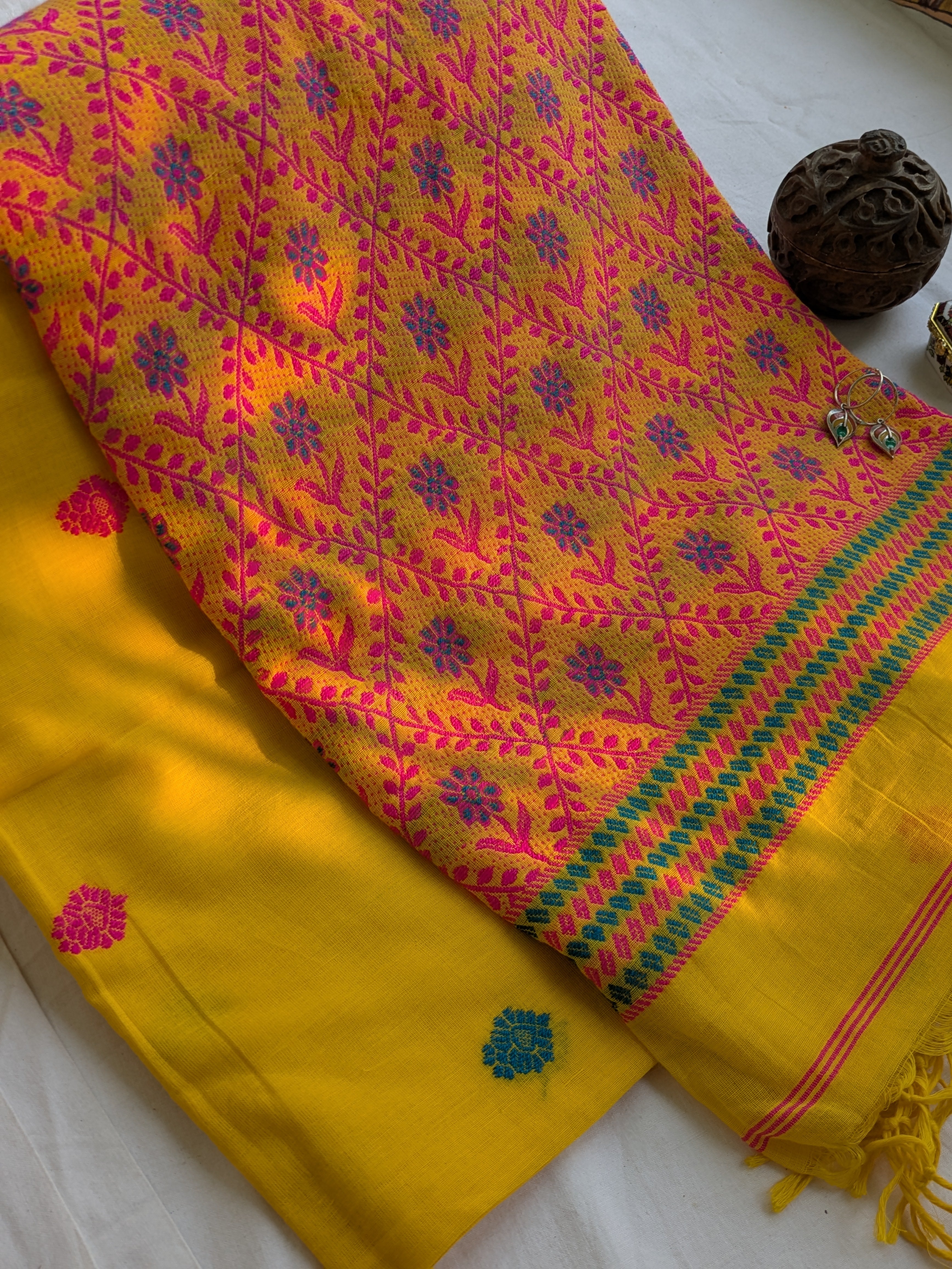 Phulia Cotton Sari with Blouse Piece Yellow