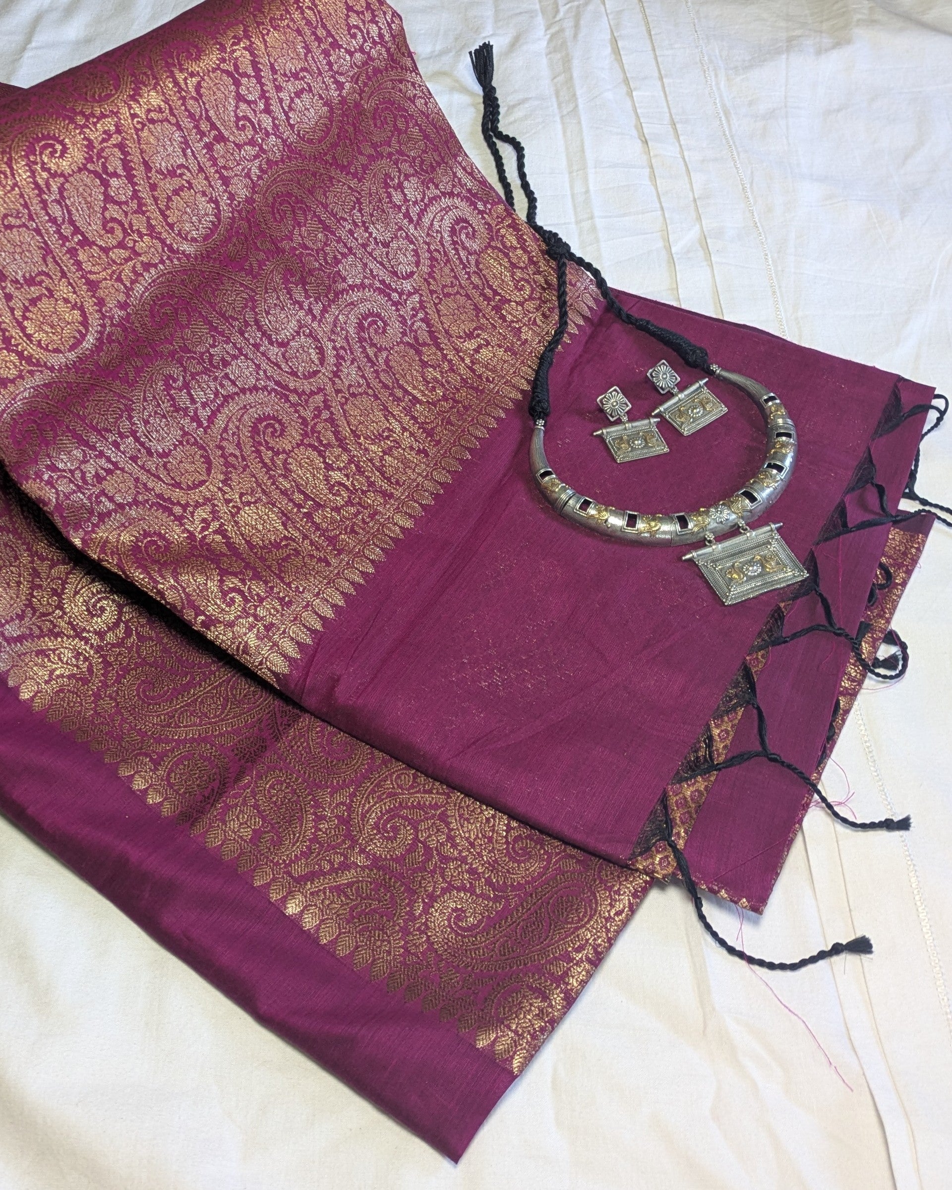 Muga Border Sari with Blouse Piece (Magenta)