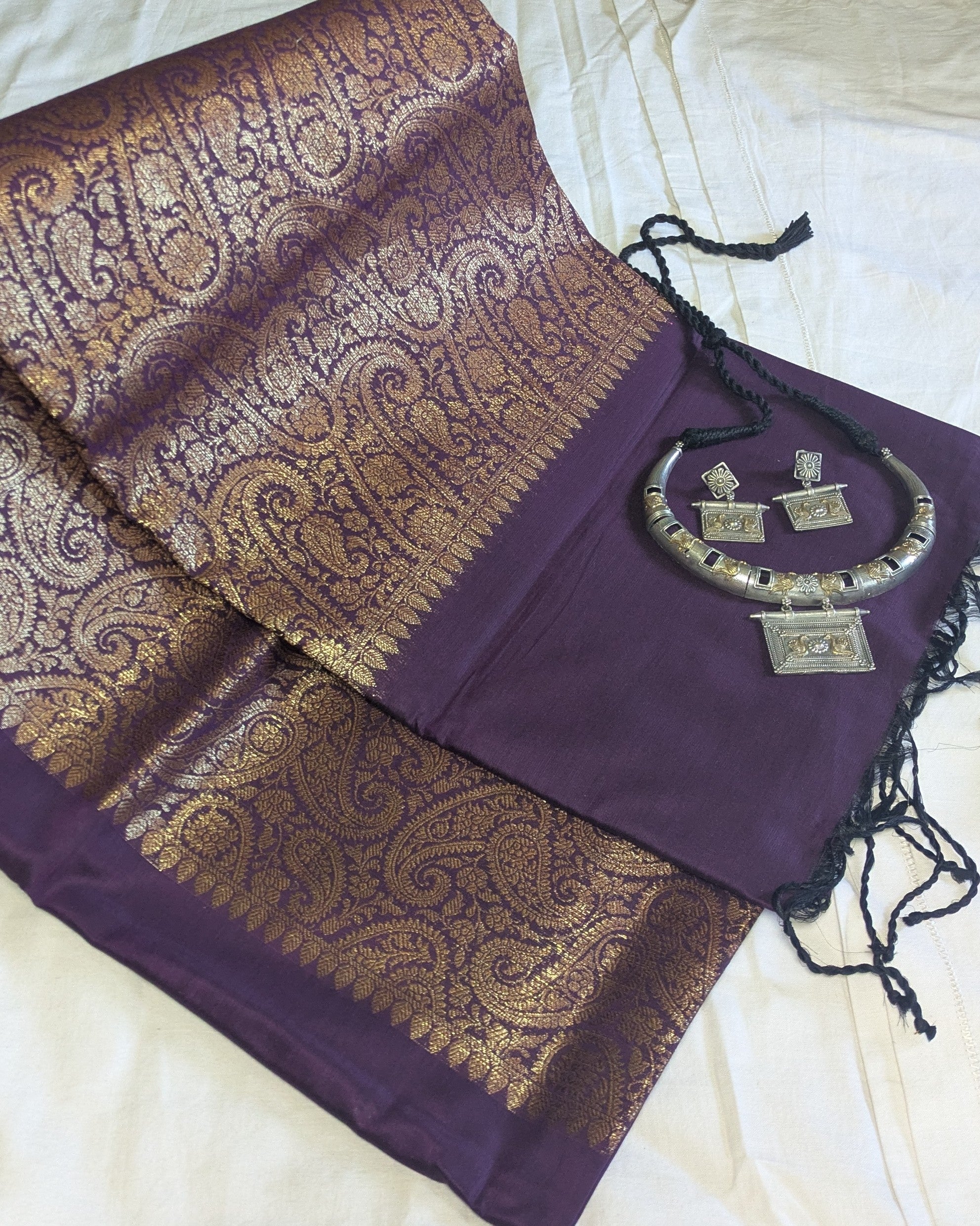 Muga Border Sari with Blouse Piece (Dark Wine)