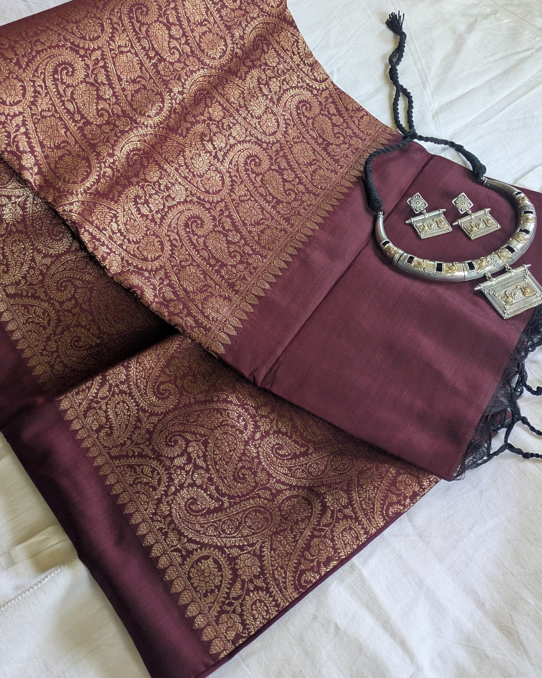 Muga Border Sari with Blouse Piece (Dark Wine 2)