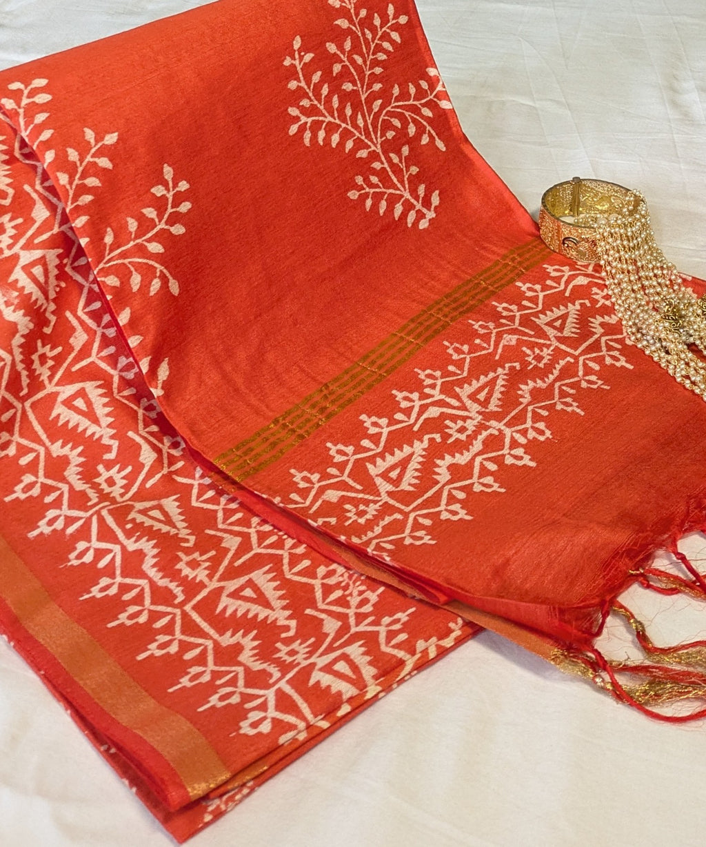 Chanderi Block Print Sari with Blouse Piece Orange 1