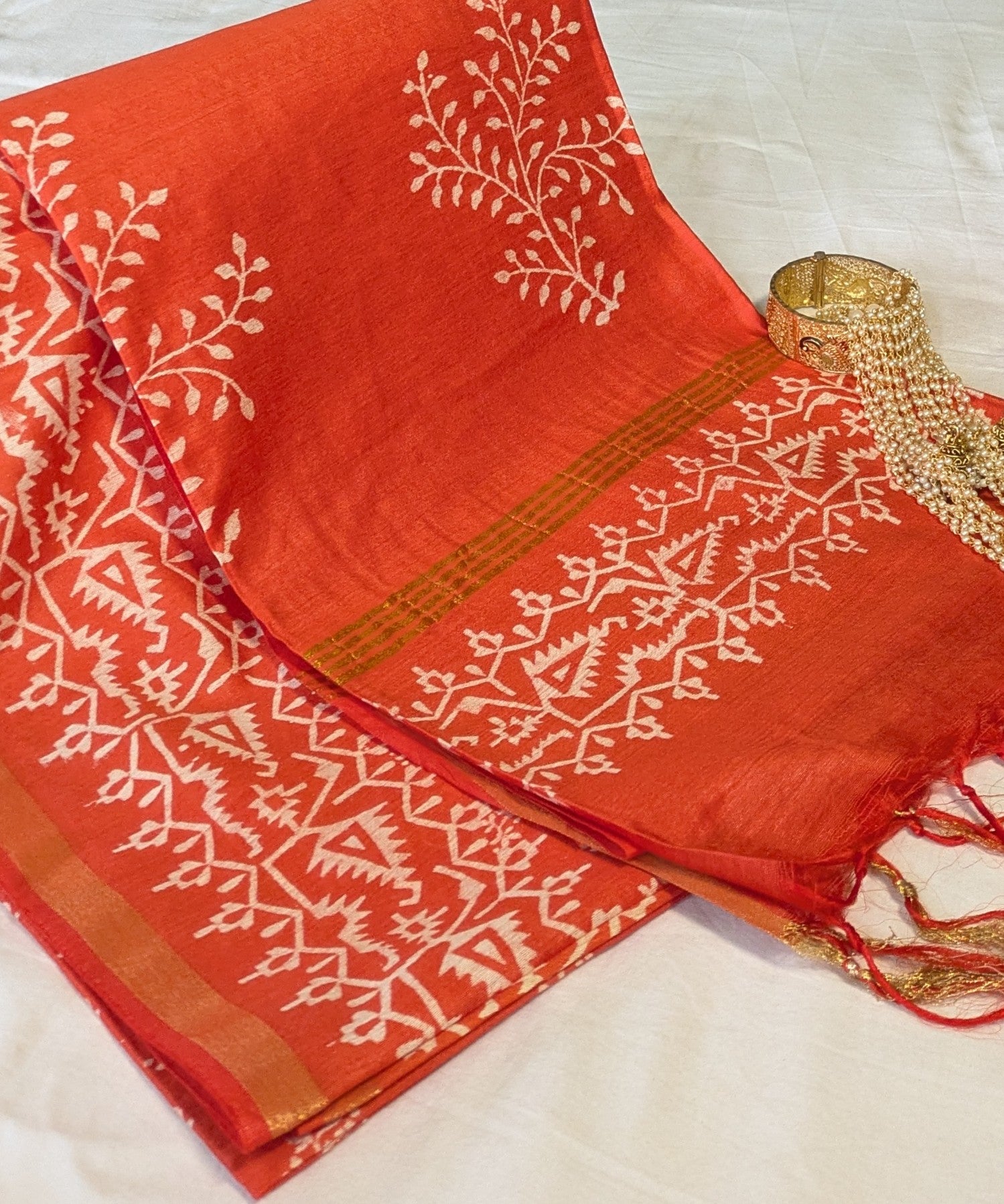 Chanderi Block Print Sari with Blouse Piece Orange 1