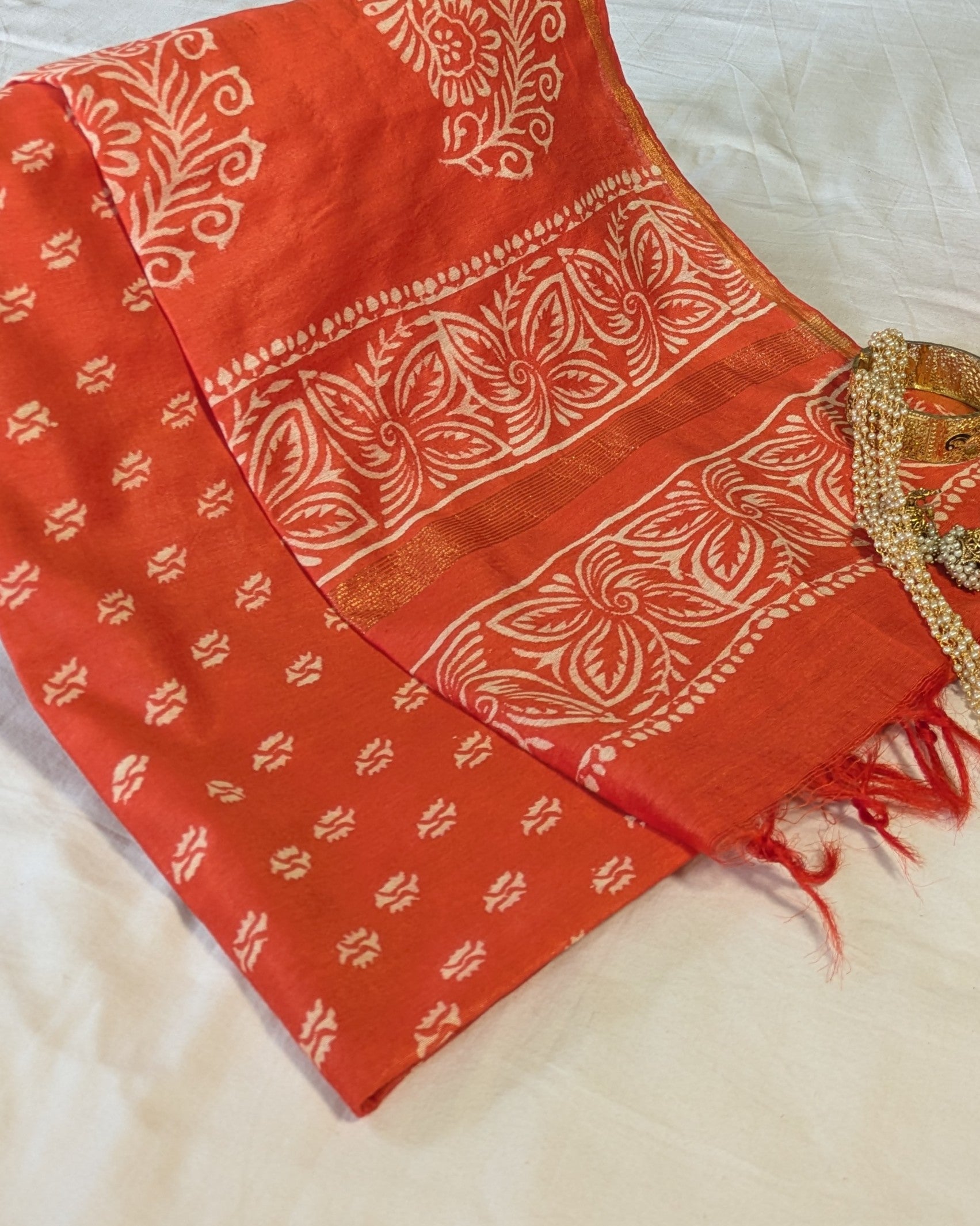 Chanderi Block Print Sari with Blouse Piece Orange 2