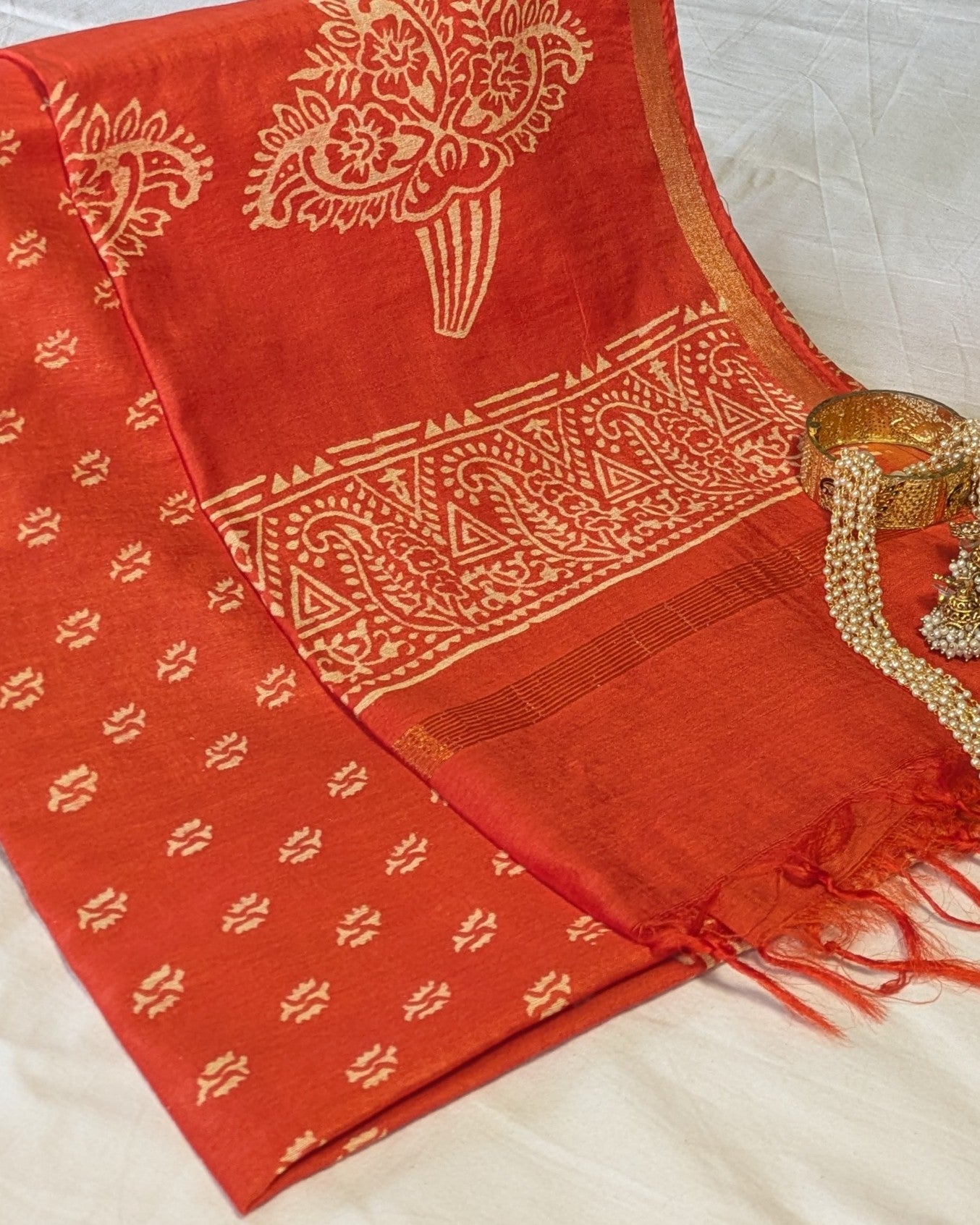 Chanderi Block Print Sari with Blouse Piece Orange 3
