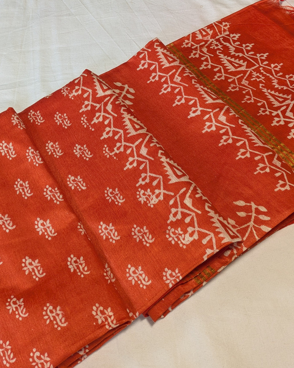 Chanderi Block Print Sari with Blouse Piece Orange 1