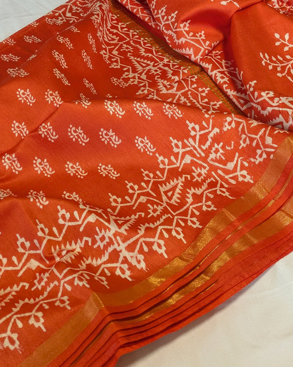Chanderi Block Print Sari with Blouse Piece Orange 1