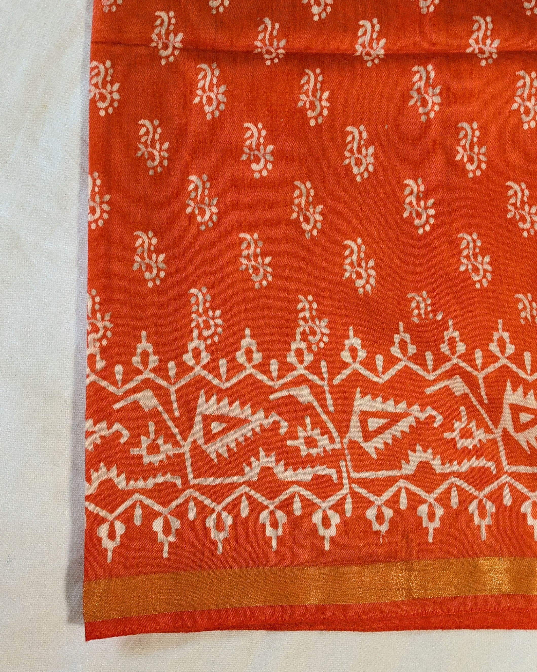 Chanderi Block Print Sari with Blouse Piece Orange 1