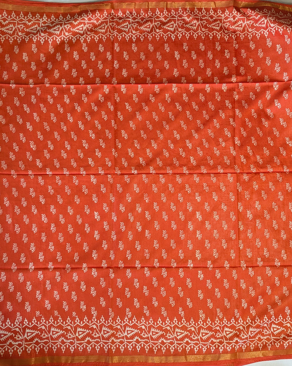 Chanderi Block Print Sari with Blouse Piece Orange 1