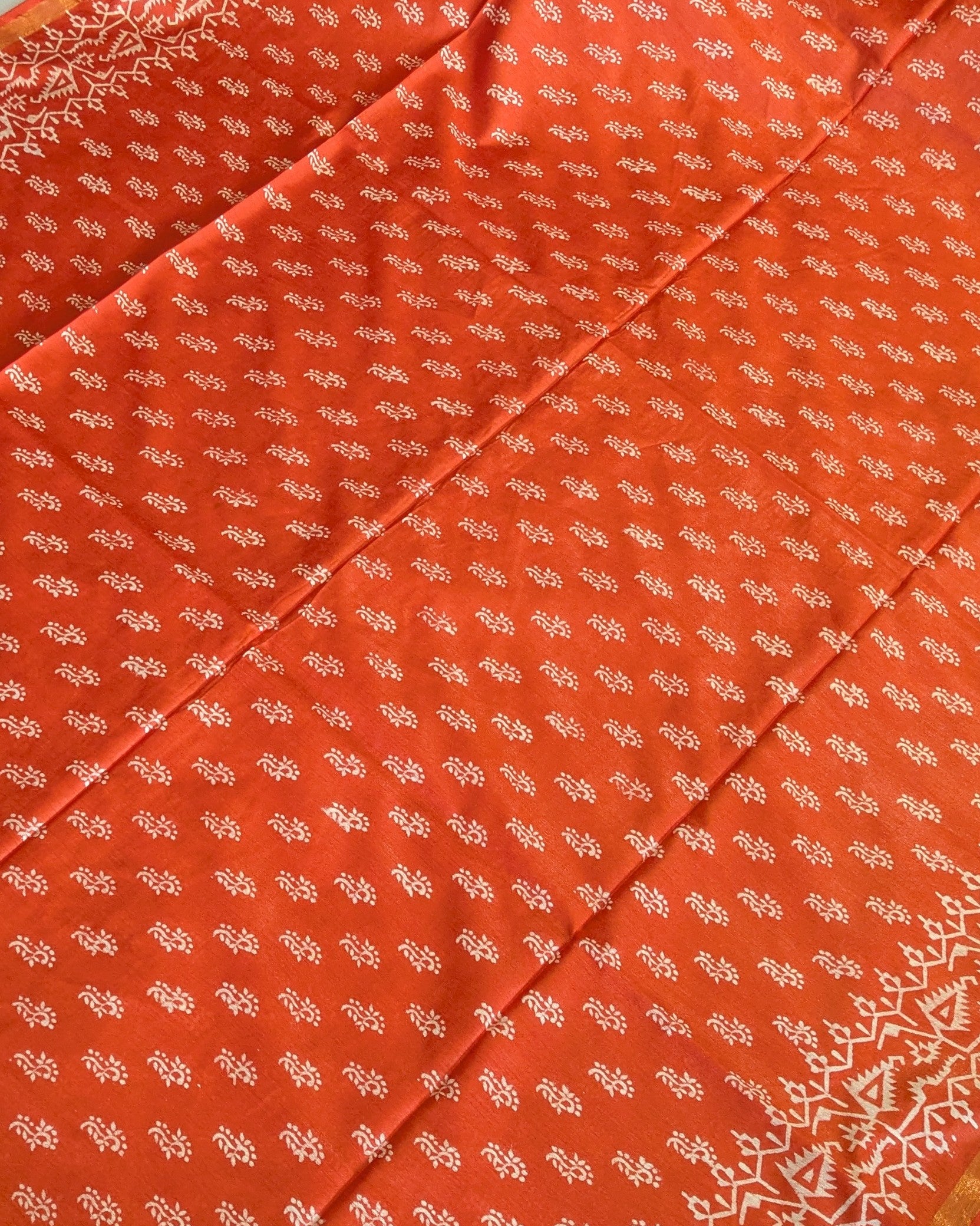Chanderi Block Print Sari with Blouse Piece Orange 1