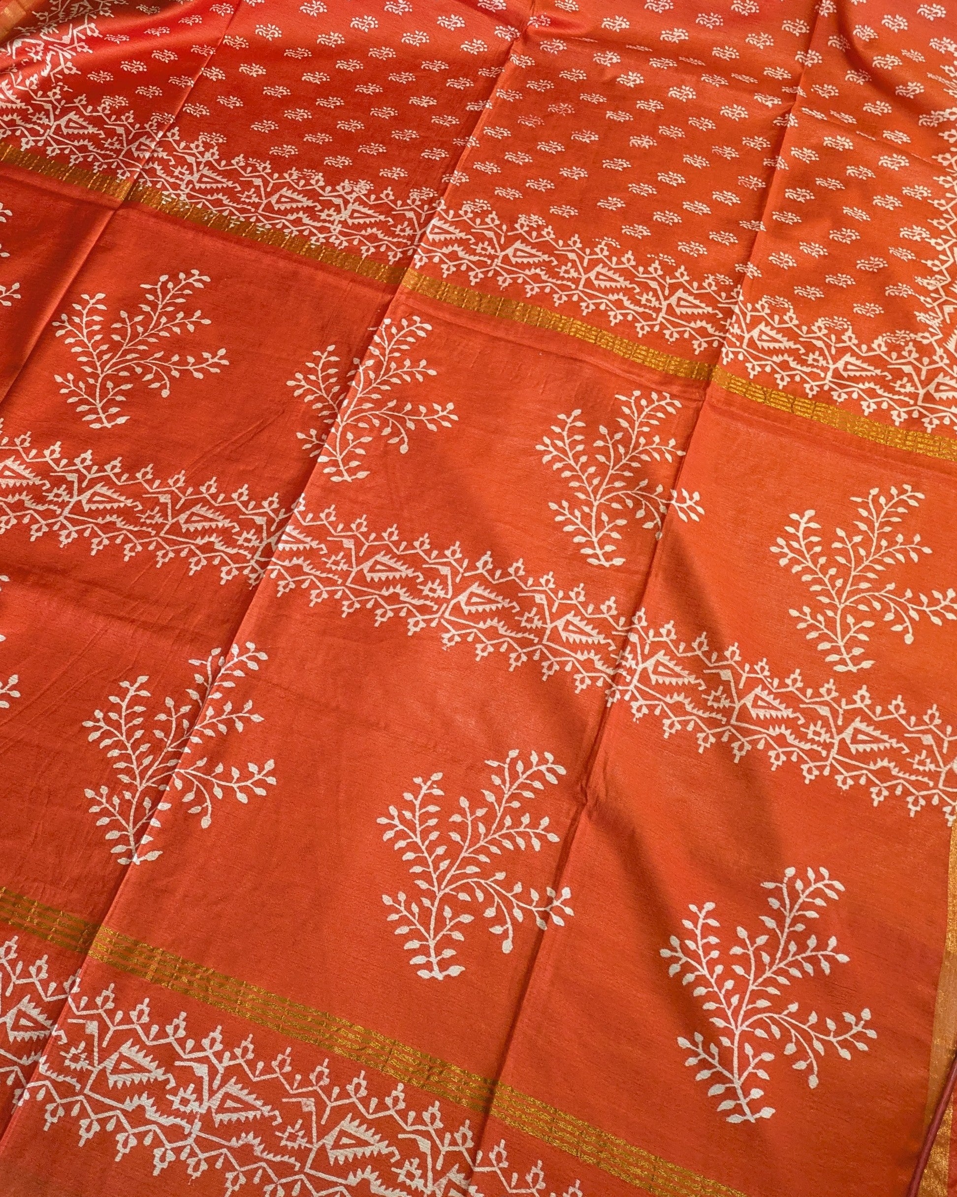 Chanderi Block Print Sari with Blouse Piece Orange 1