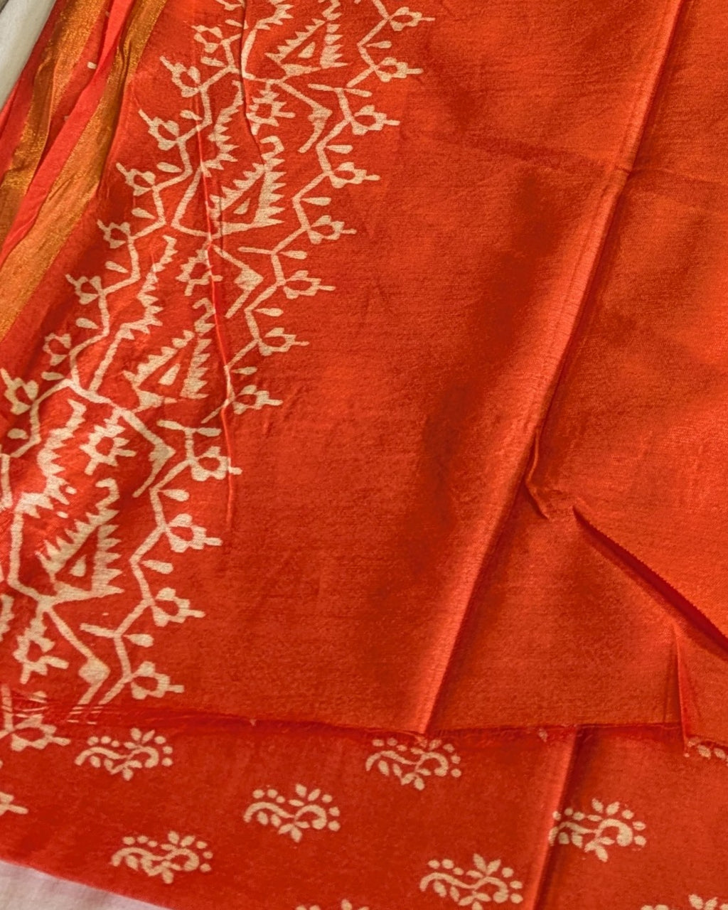 Chanderi Block Print Sari with Blouse Piece Orange 1