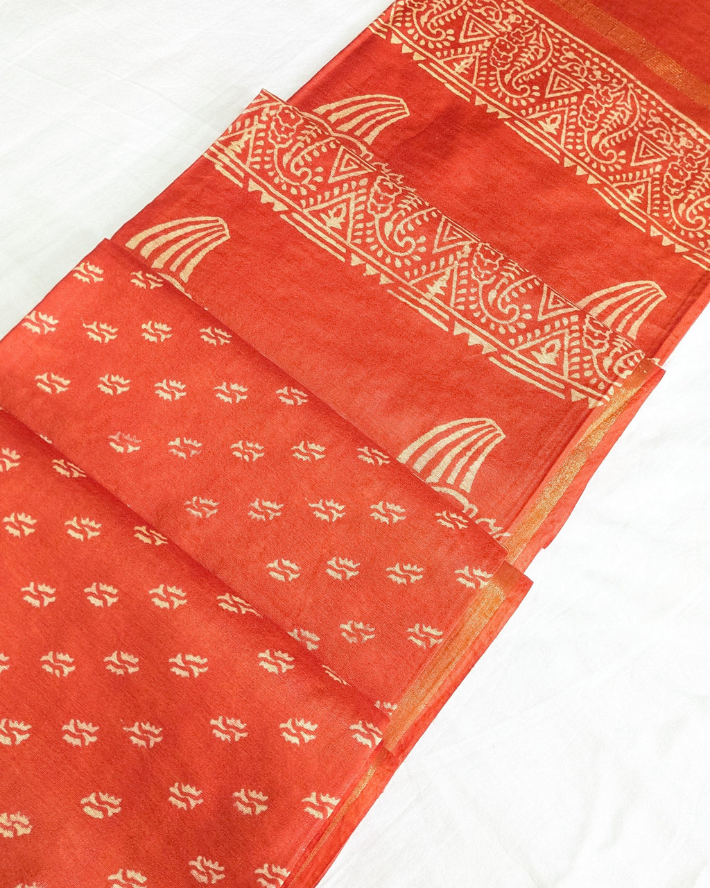 Chanderi Block Print Sari with Blouse Piece Orange 3