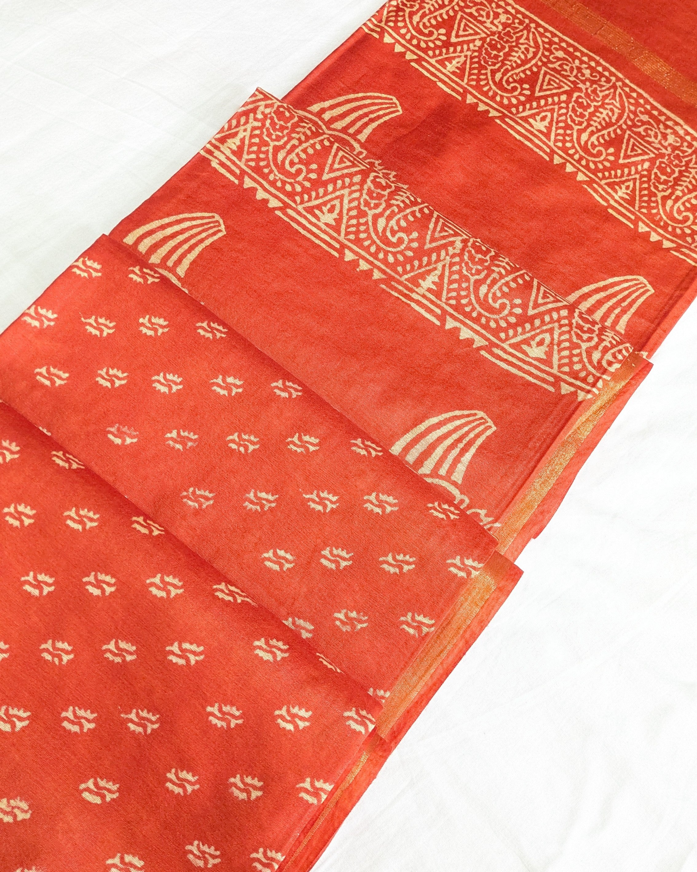 Chanderi Block Print Sari with Blouse Piece Orange 3