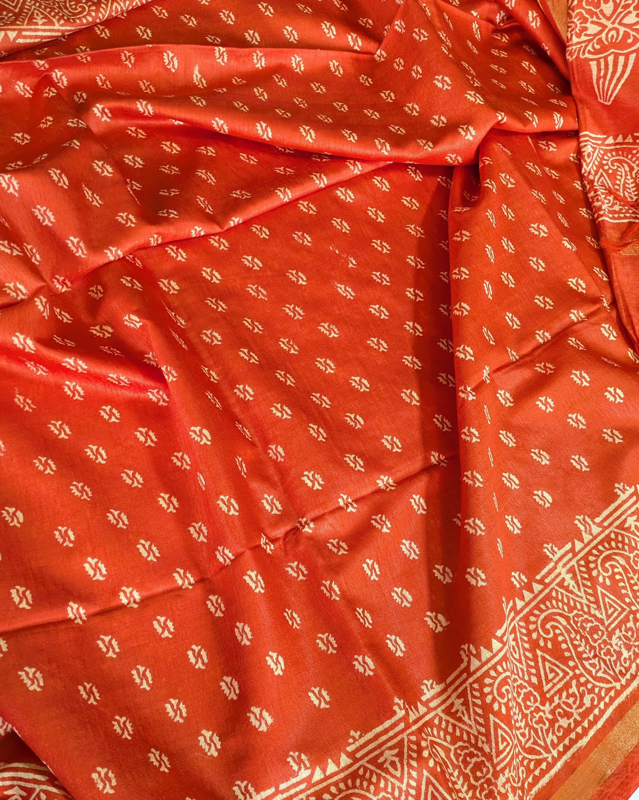 Chanderi Block Print Sari with Blouse Piece Orange 3