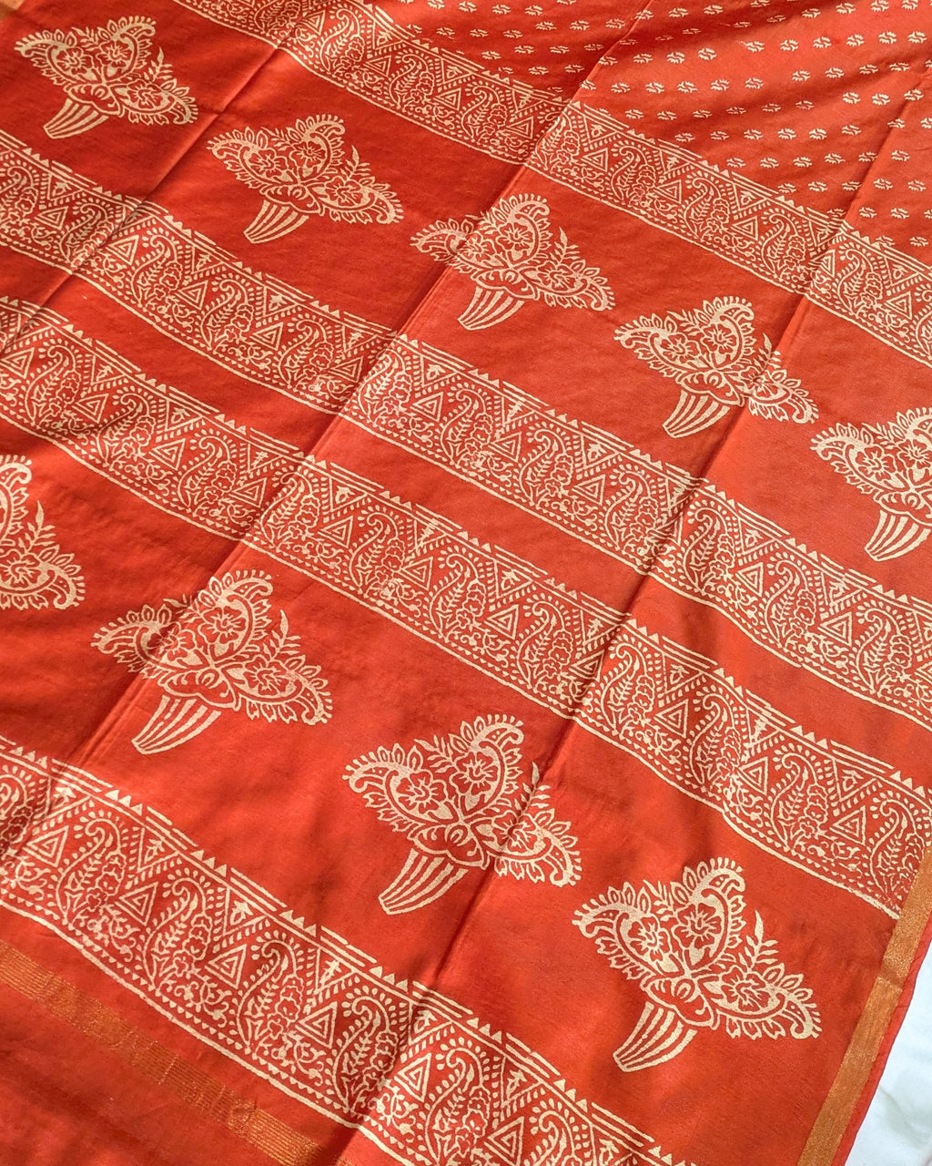 Chanderi Block Print Sari with Blouse Piece Orange 3