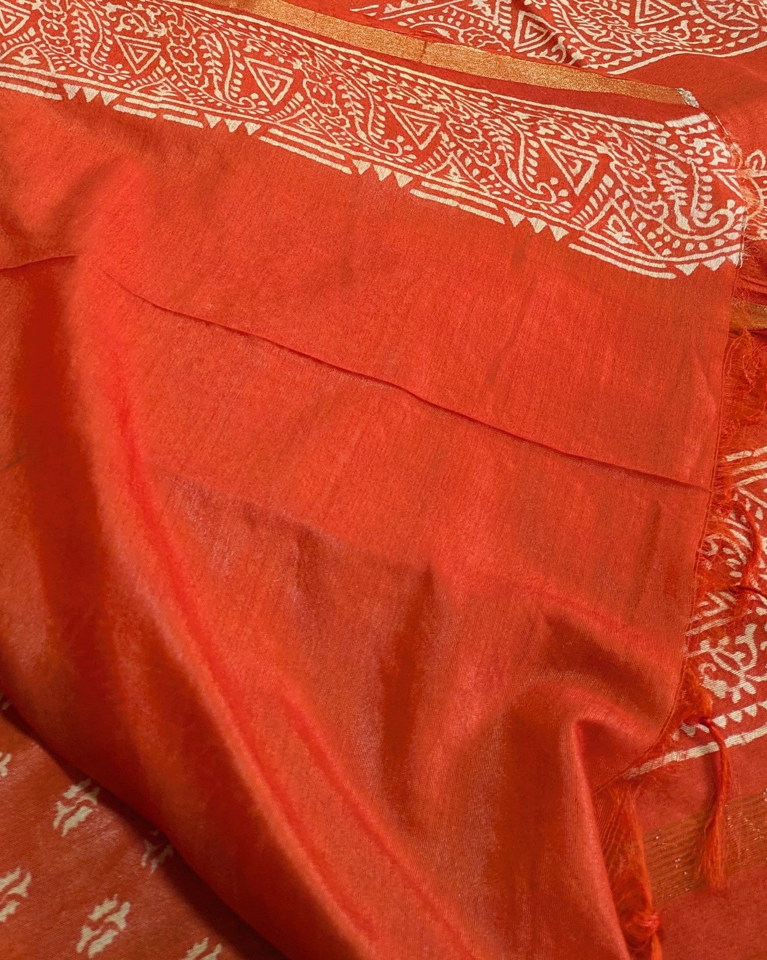 Chanderi Block Print Sari with Blouse Piece Orange 3