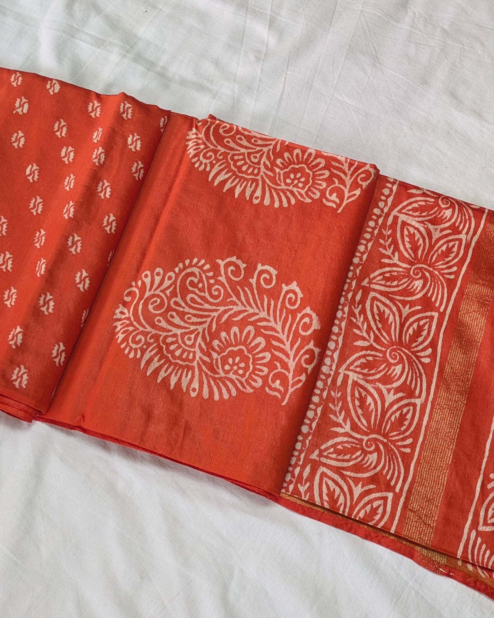 Chanderi Block Print Sari with Blouse Piece Orange 2